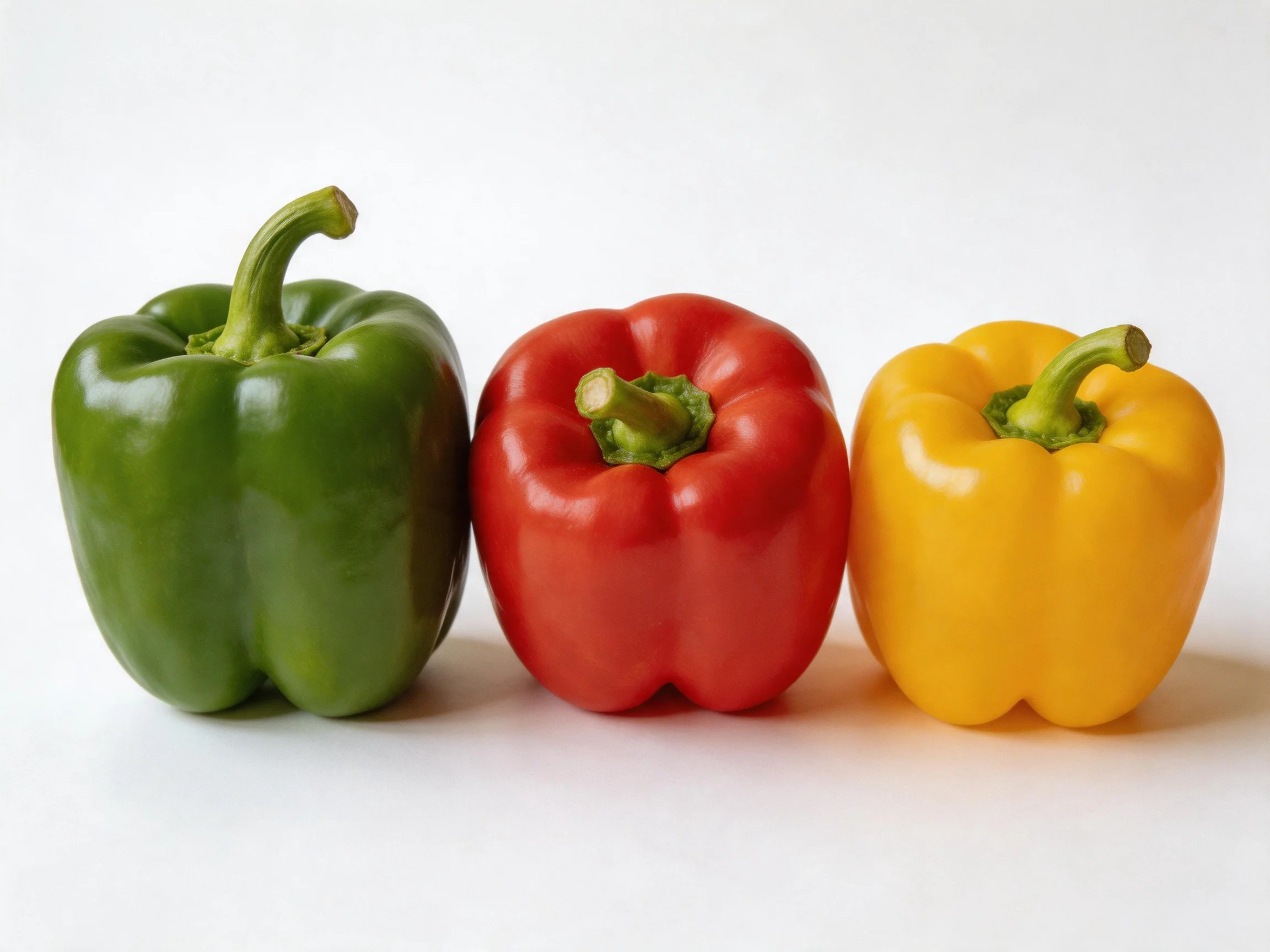 Three bell peppers in green, red, and yellow arranged horizontally
