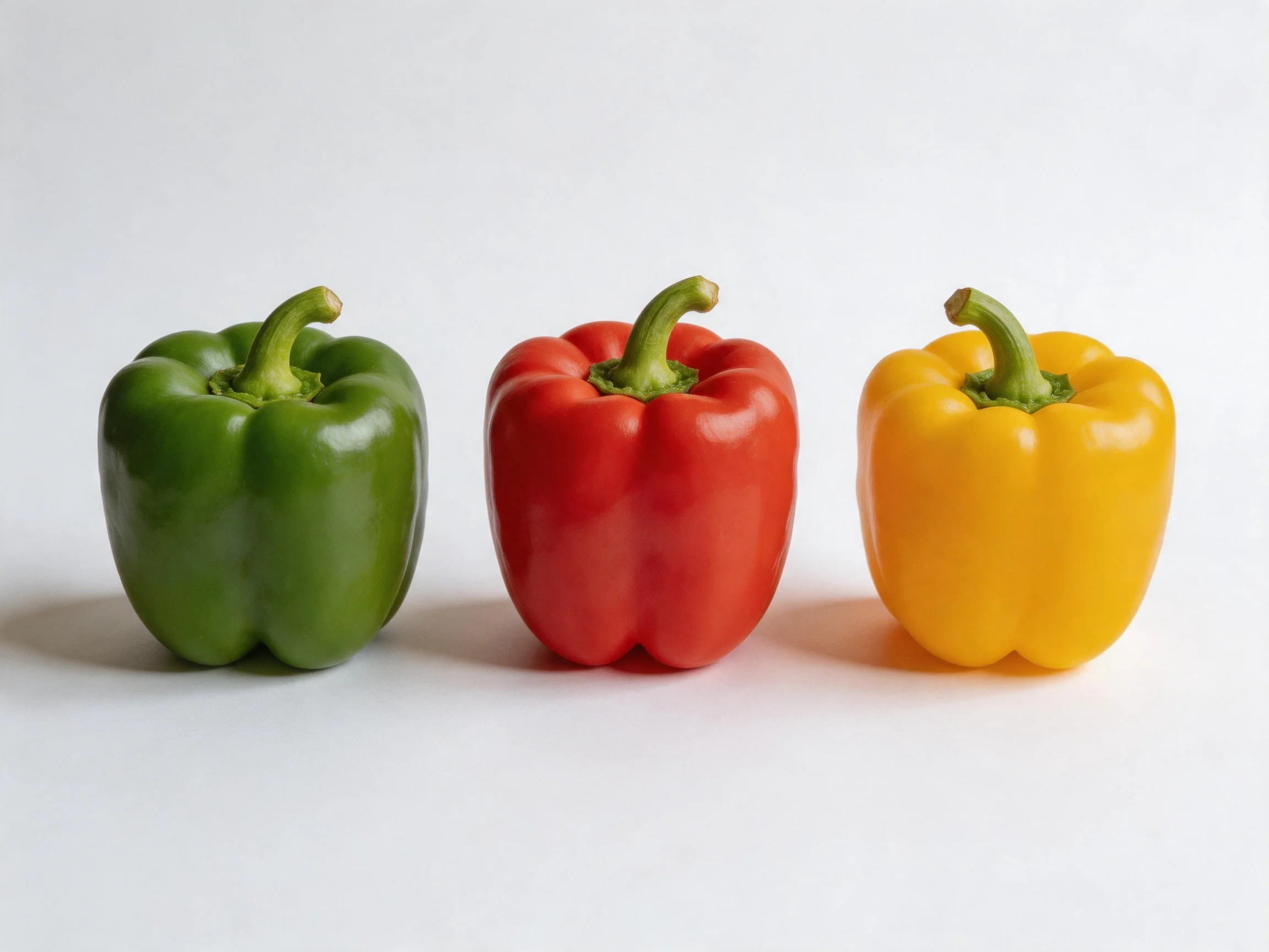 Three bell peppers in green, red, and yellow arranged horizontally