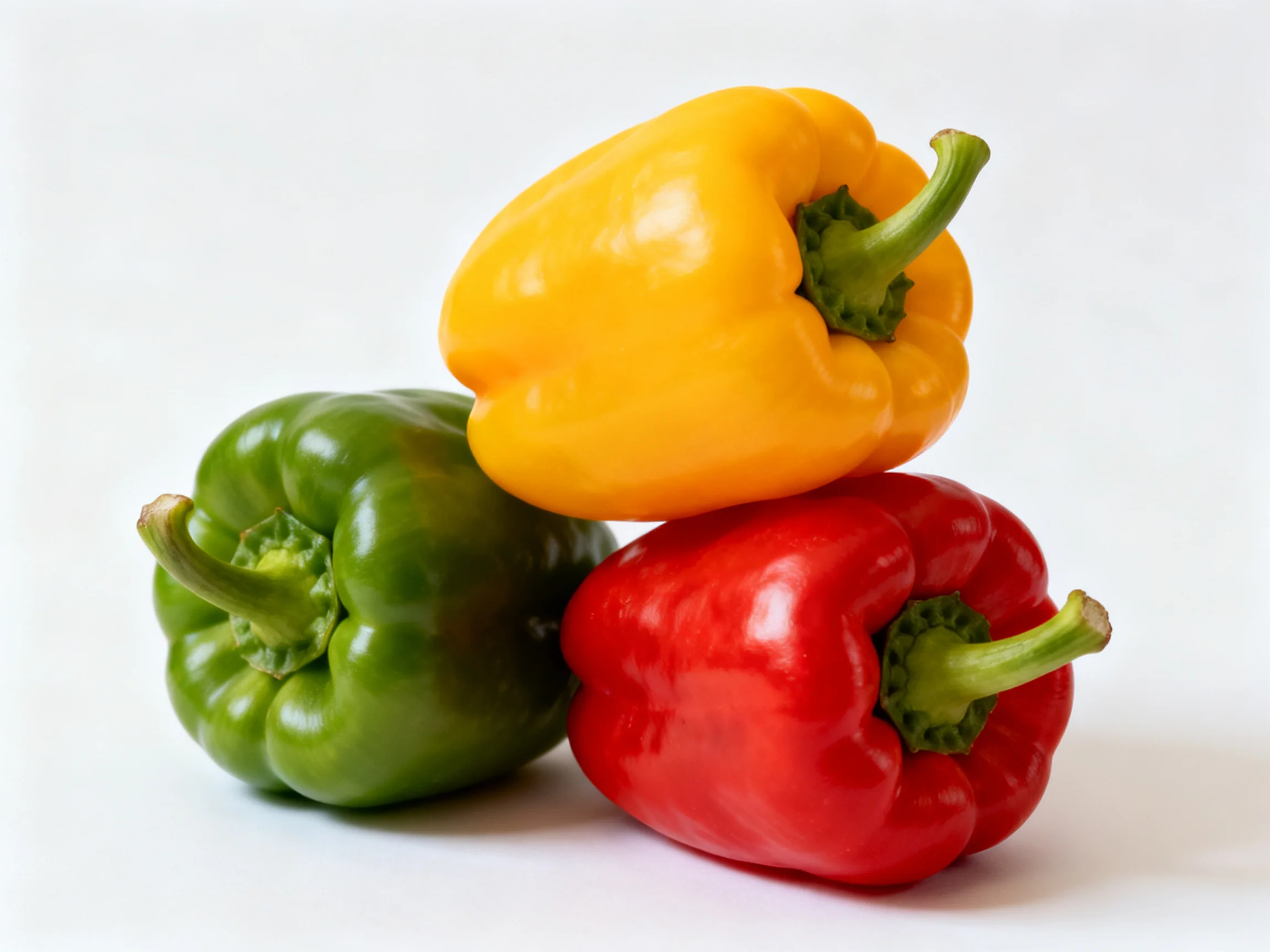 Three bell peppers in green, yellow, red stacked together