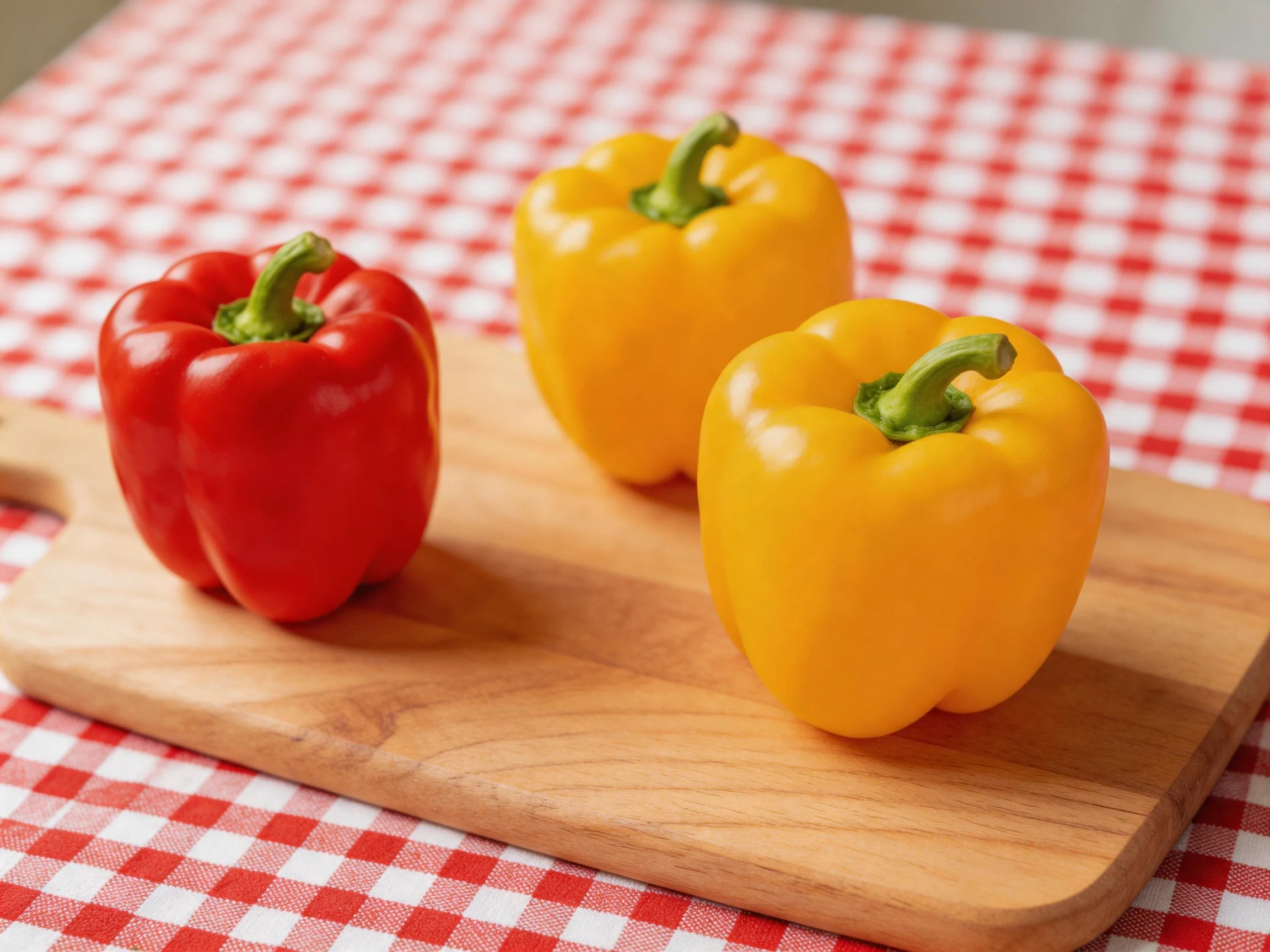 Three bell peppers in red and yellow hues rest on a wooden cutting board