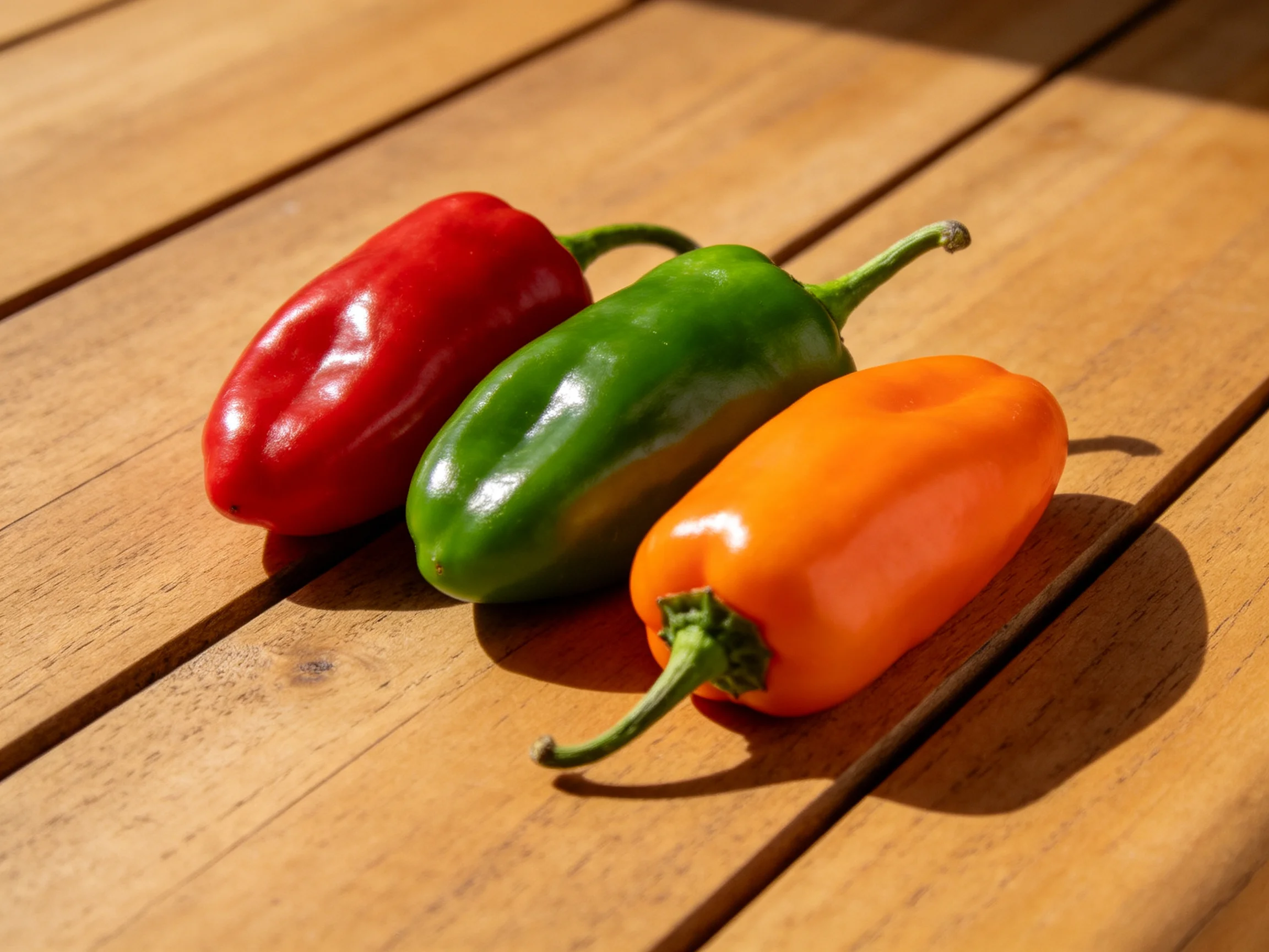 Three bell peppers in red, green, and orange rest on a wooden table