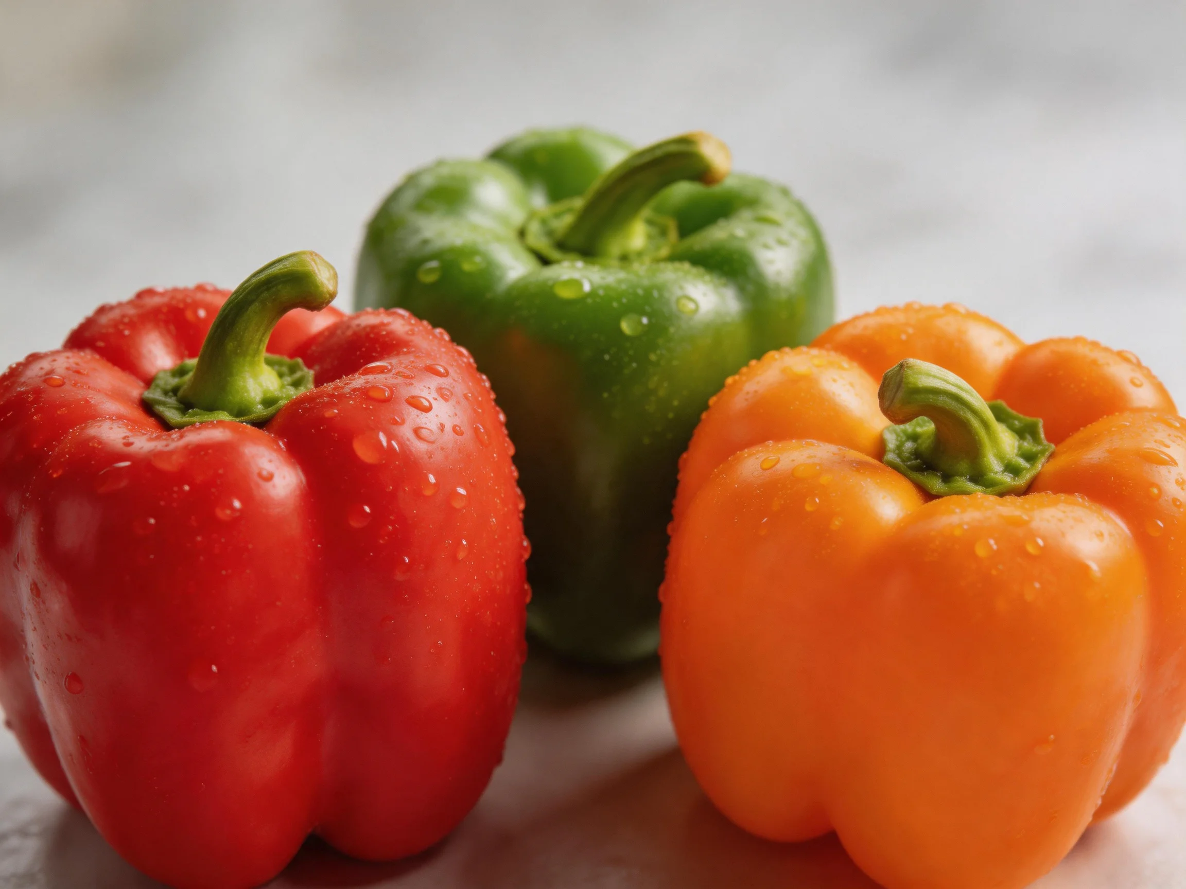 Three bell peppers in red, green, and orange with water droplets, arranged