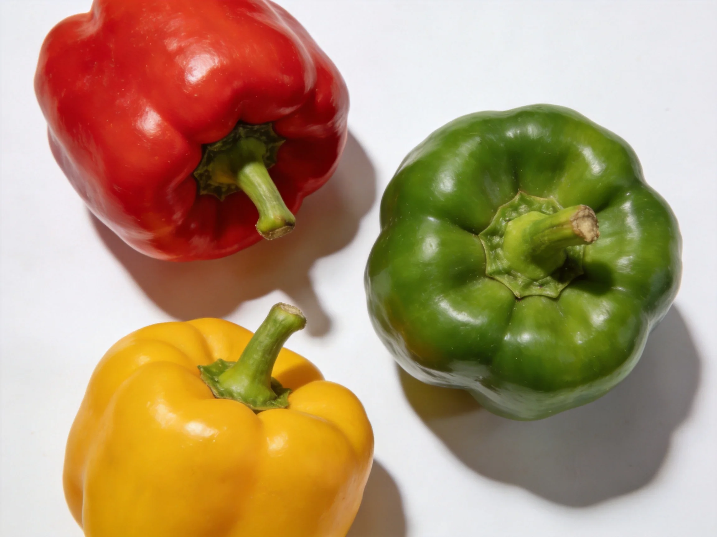 Three bell peppers in red, green, and yellow arranged on a white surface