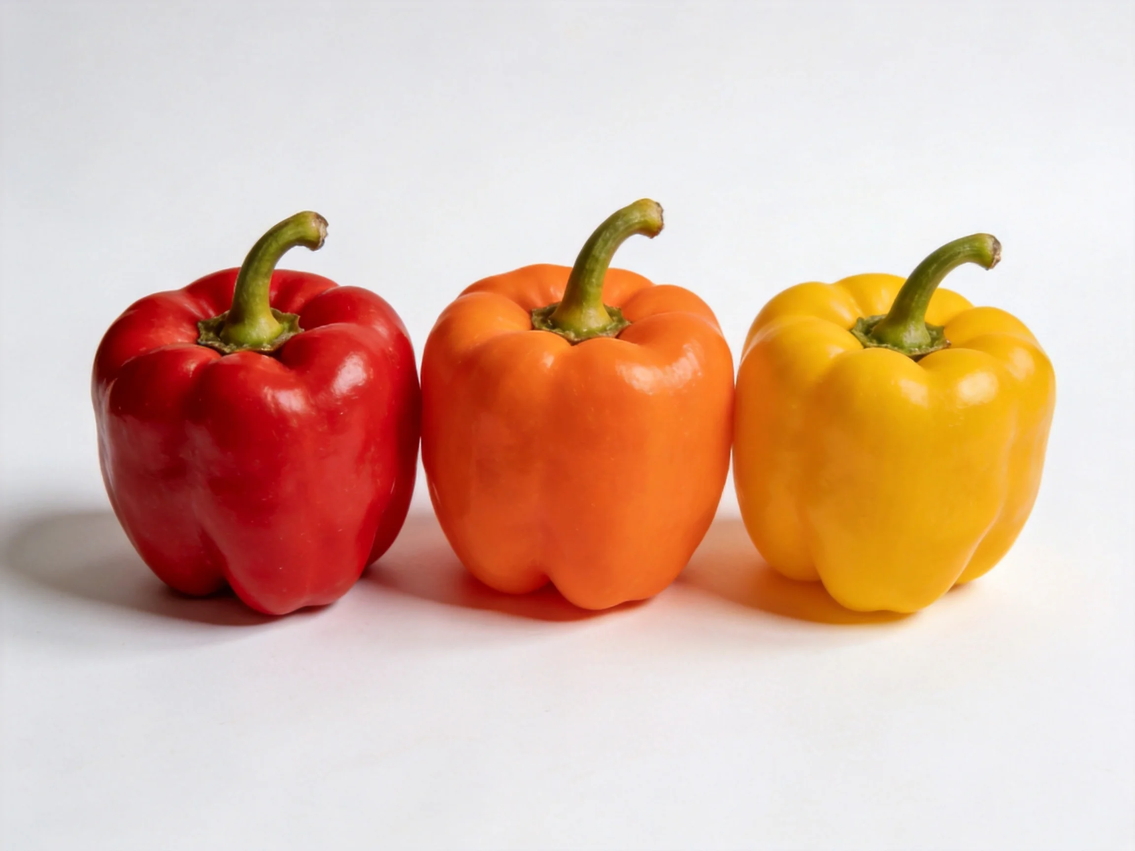 Three bell peppers in red, orange, and yellow arranged horizontally