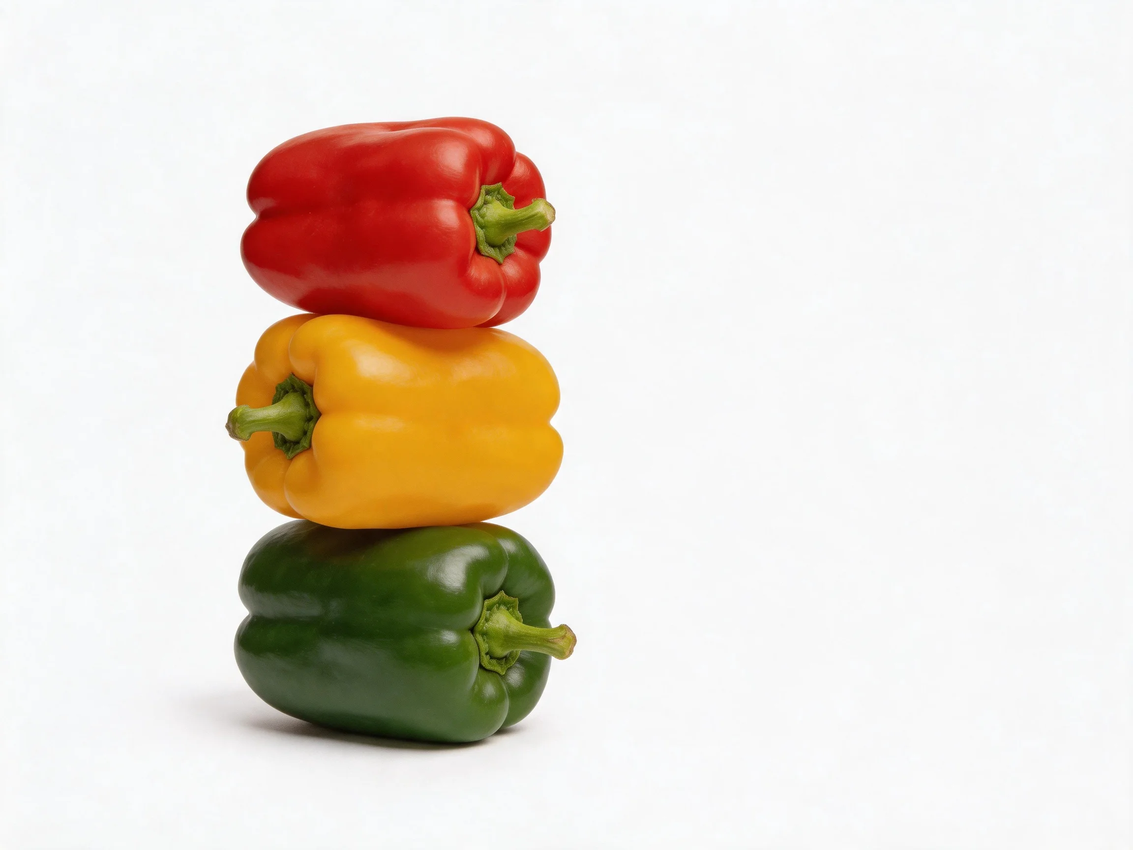 Three bell peppers in red, yellow, and green stacked vertically