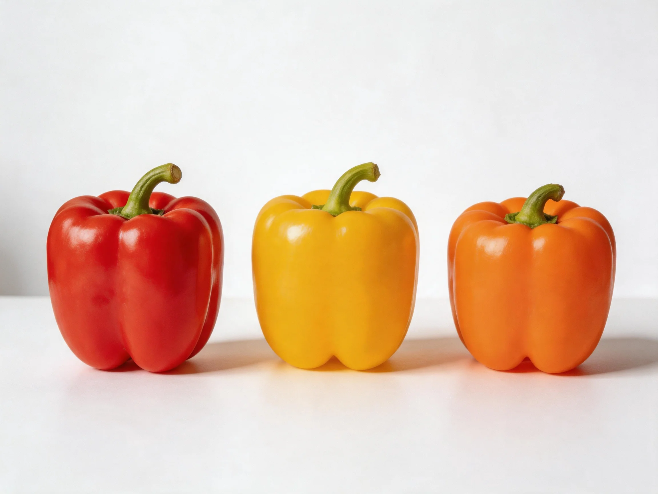 Three bell peppers in red, yellow, and orange