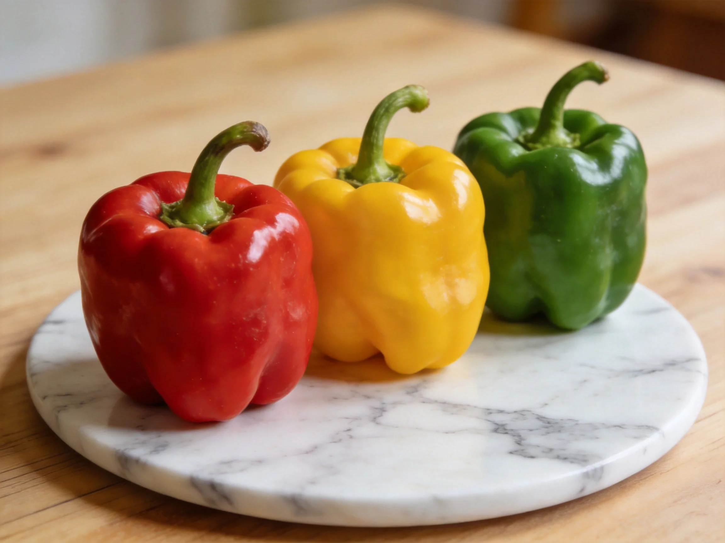 Three bell peppers in red, yellow, green on a marble plate