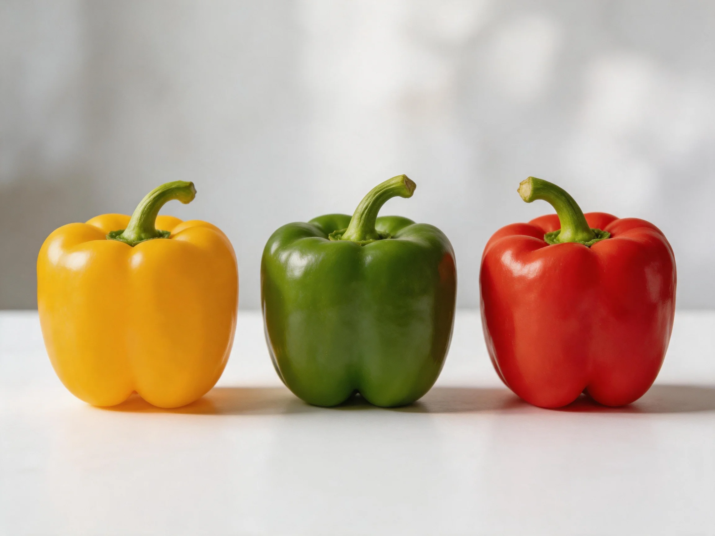 Three bell peppers in yellow, green, and red arranged side by side