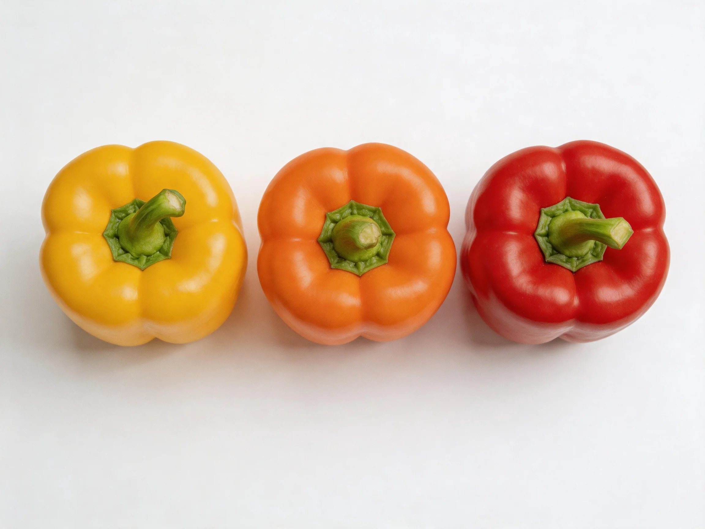 Three bell peppers in yellow, orange, and red arranged side by side on a white background