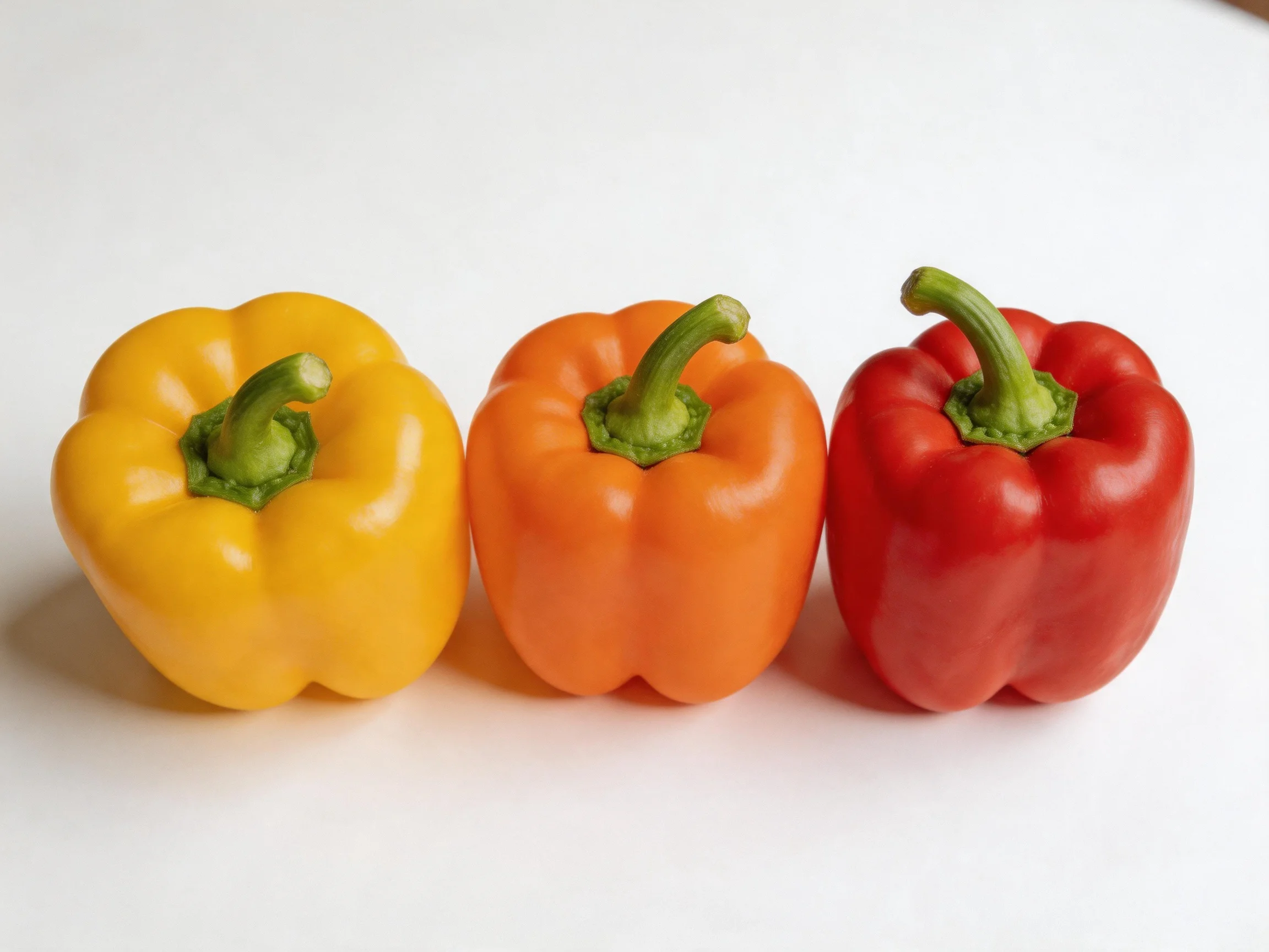 Three bell peppers in yellow, orange, red arranged side by side