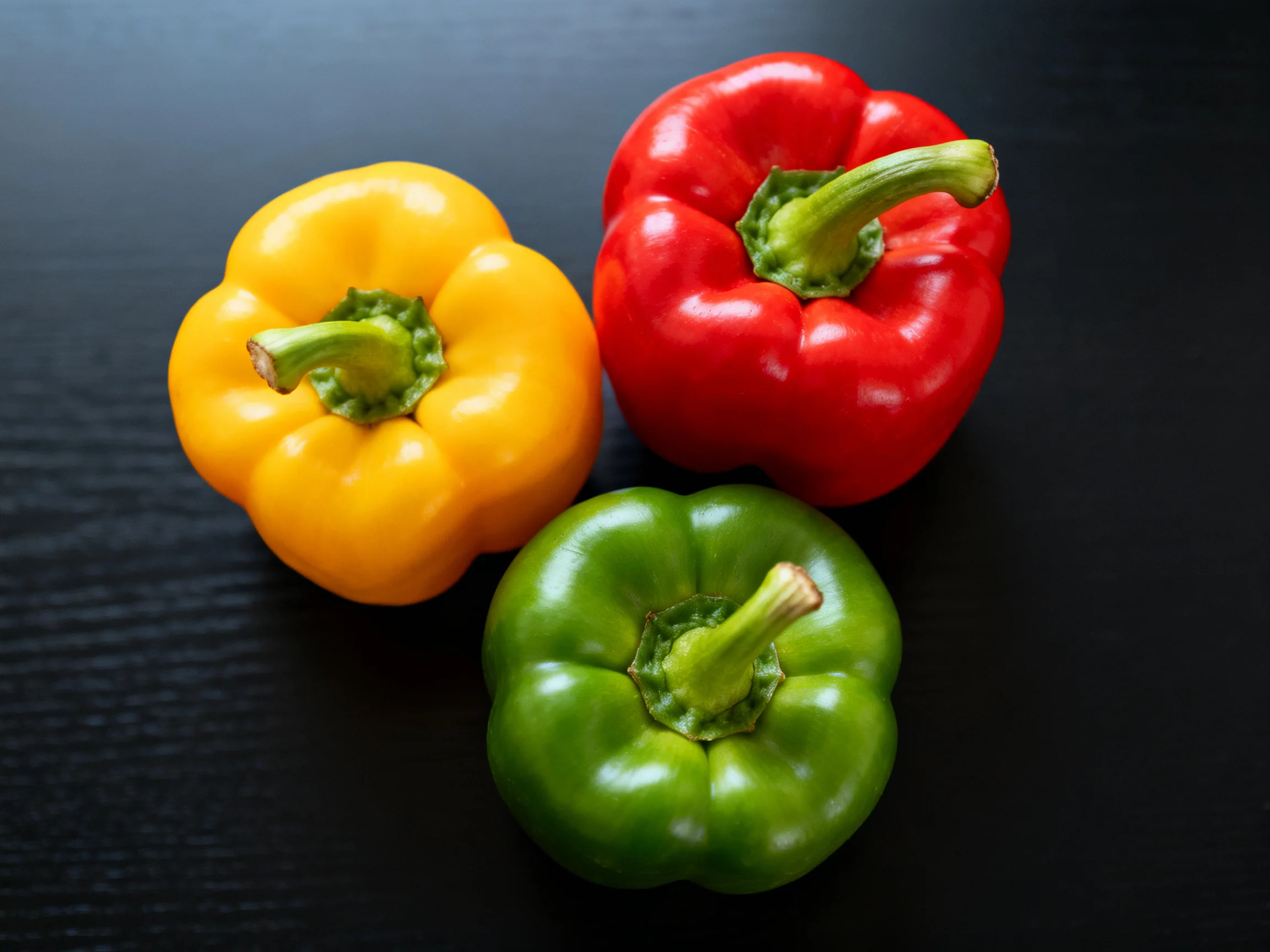 Three bell peppers in yellow, red, and green on a dark surface