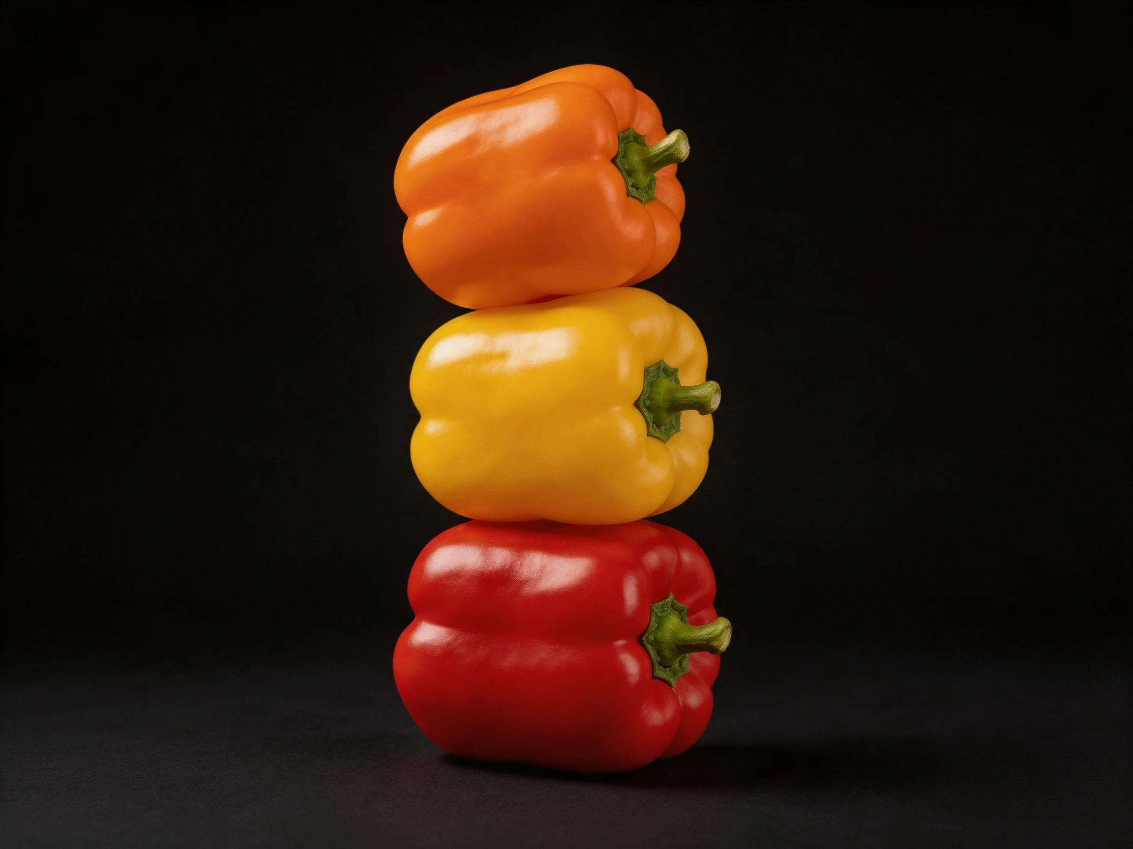 Three bell peppers stacked vertically in orange, yellow, and red hues against a black background.