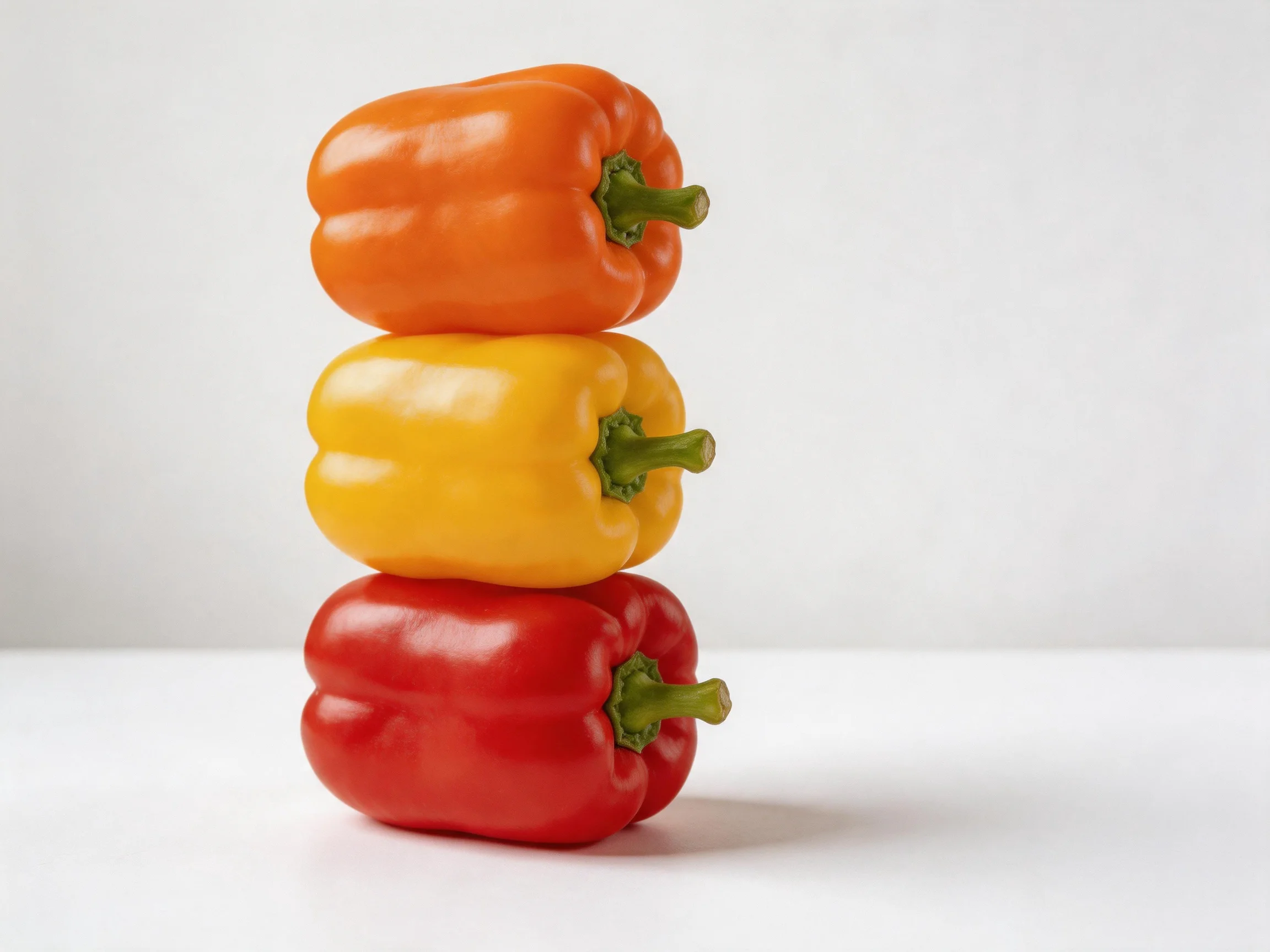 Three bell peppers stacked vertically in orange, yellow, red hues