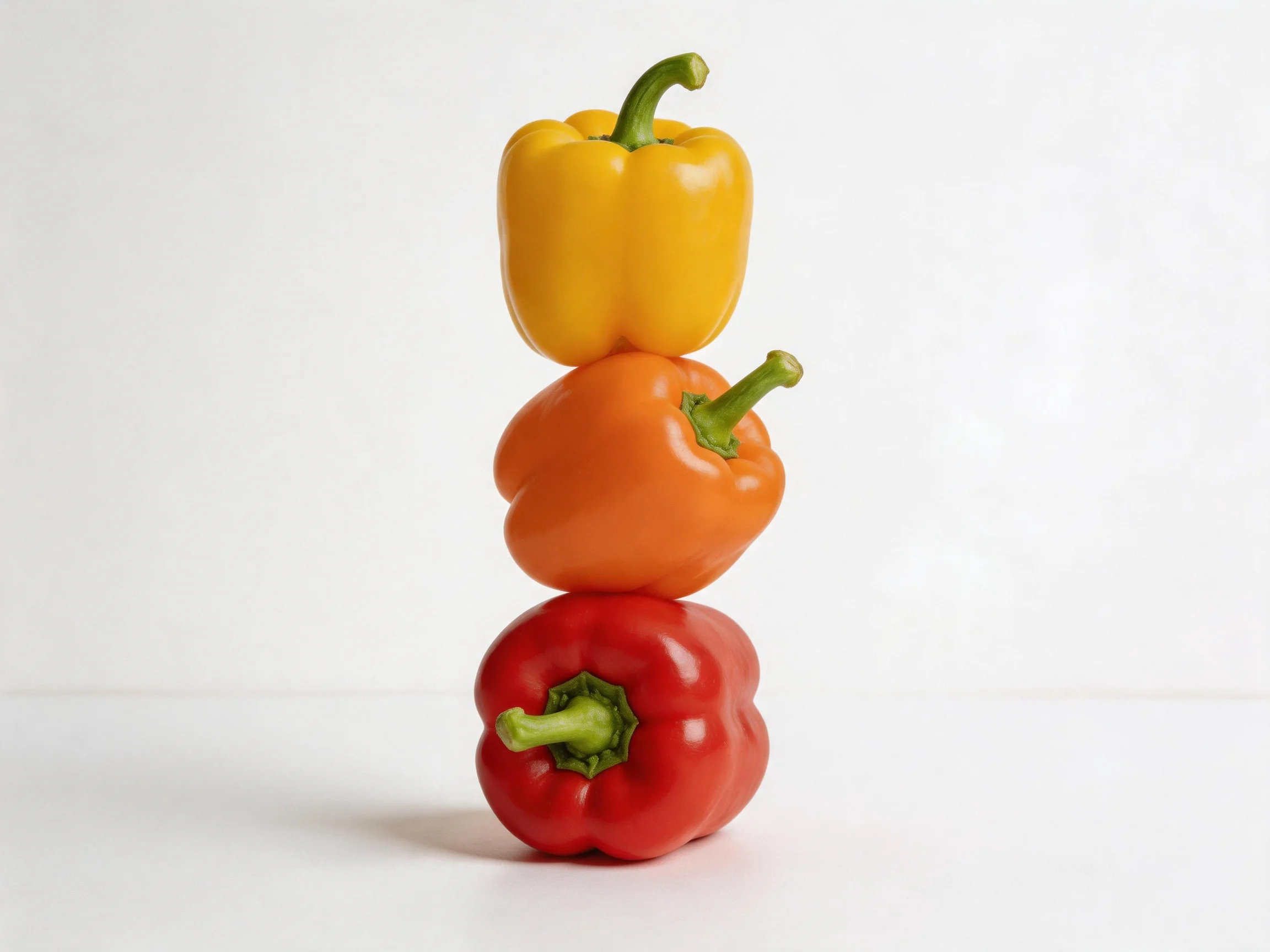 Three bell peppers stacked vertically in red, orange, yellow order
