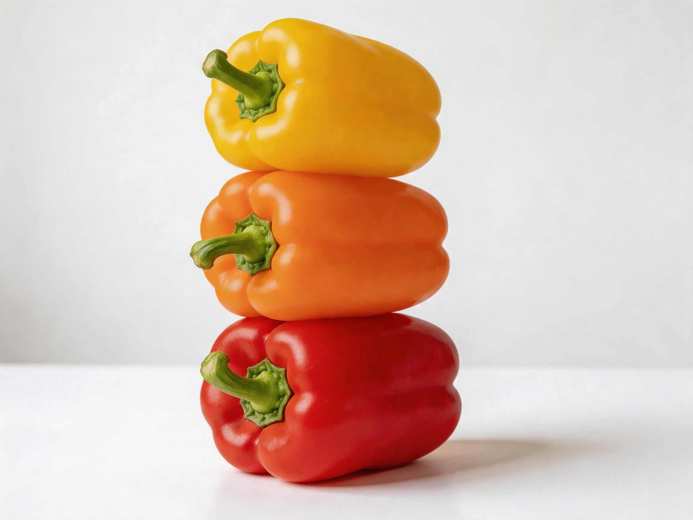 Three bell peppers stacked vertically in yellow, orange, red