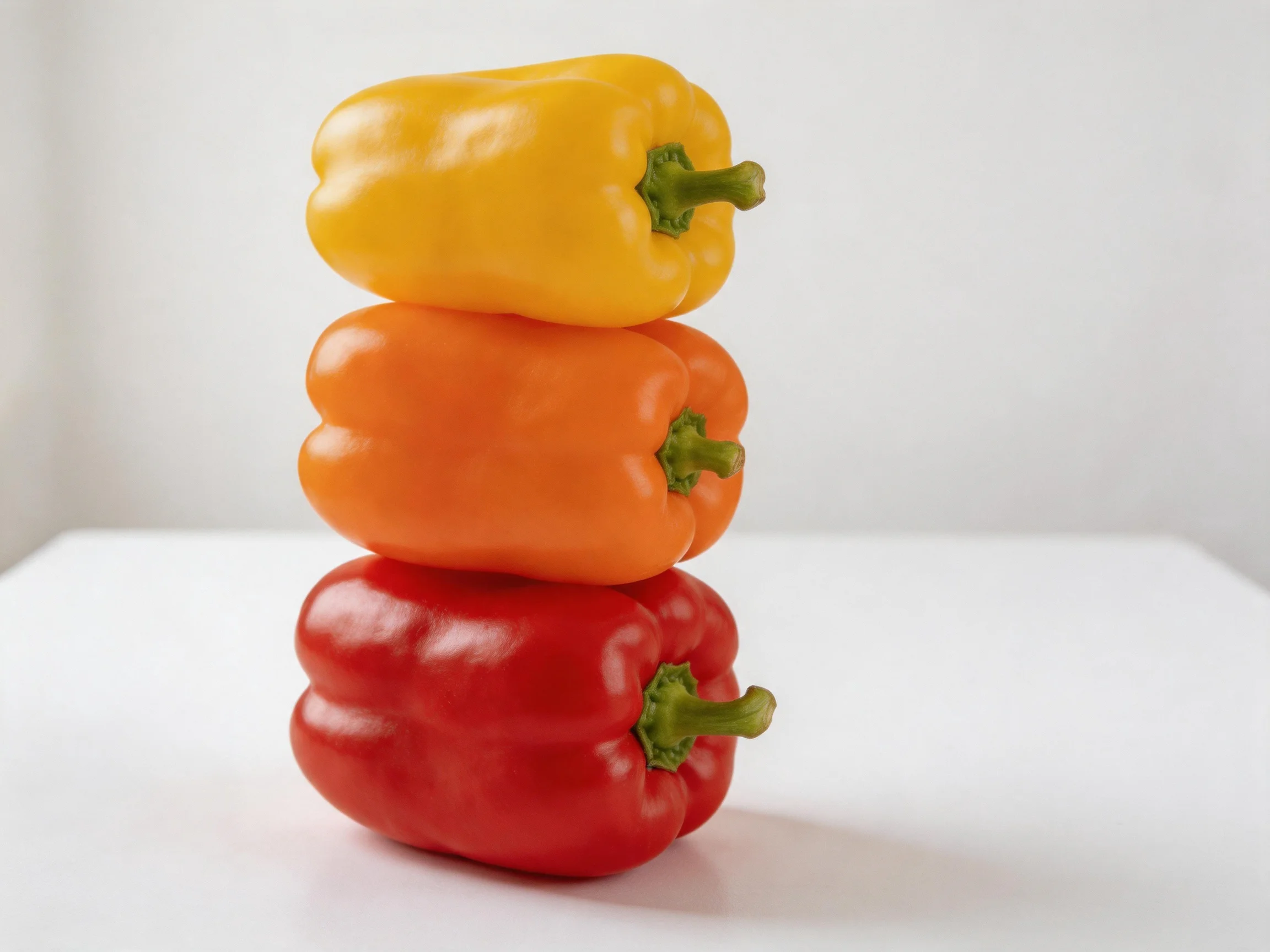 Three bell peppers stacked vertically in yellow, orange, red order