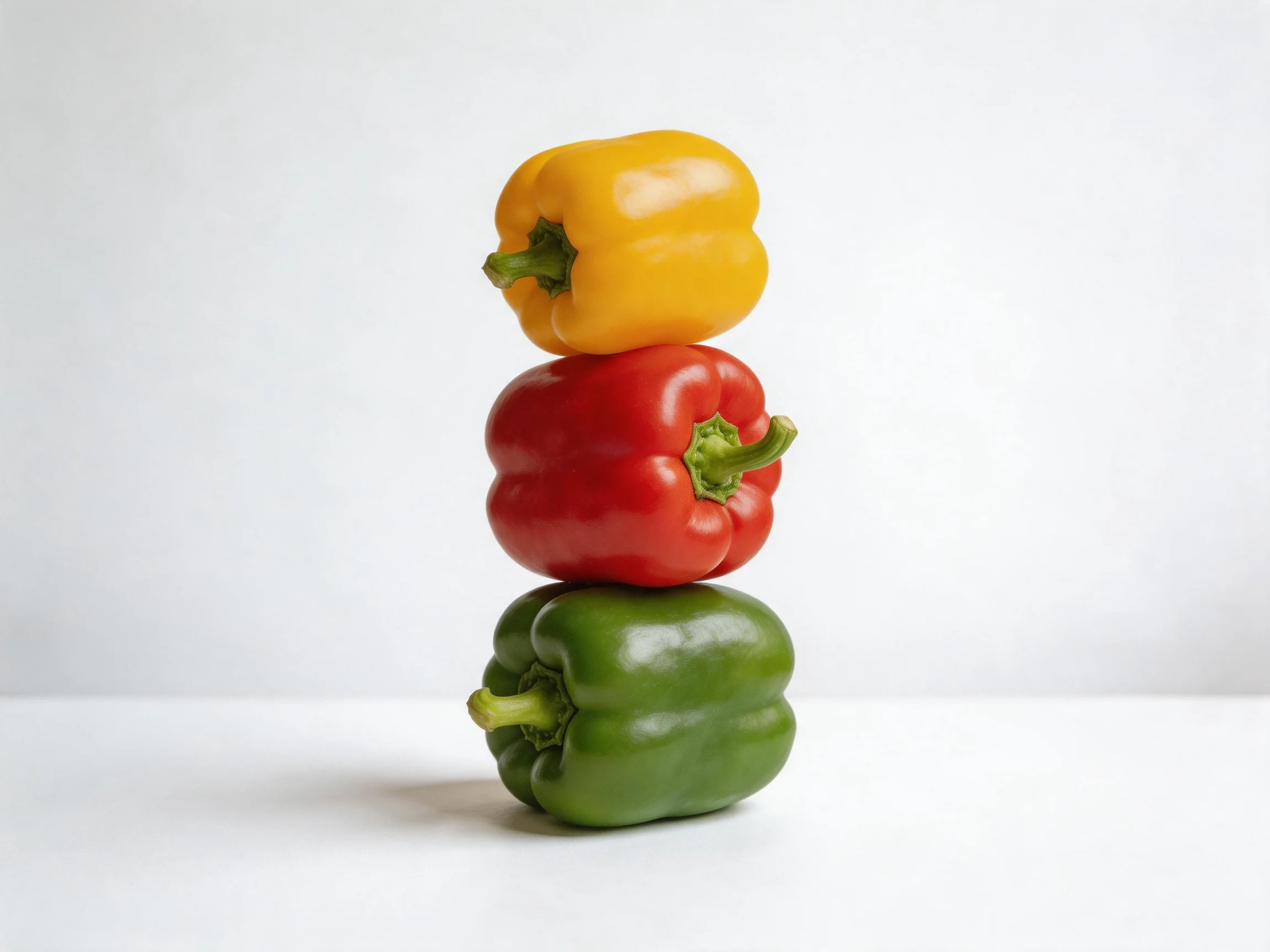Three bell peppers stacked vertically in yellow-red-green sequence
