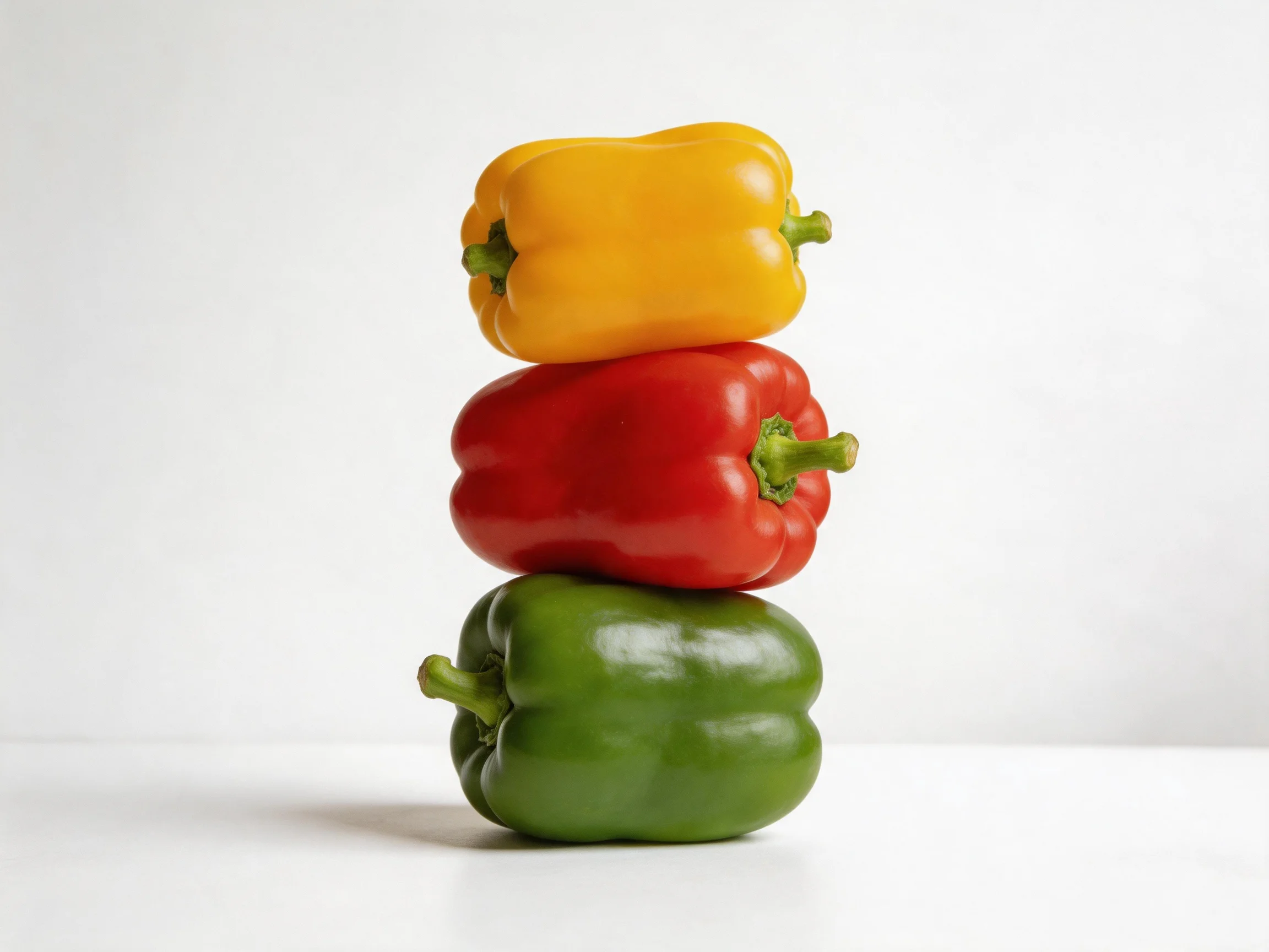 Three bell peppers stacked vertically in yellow, red, green sequence