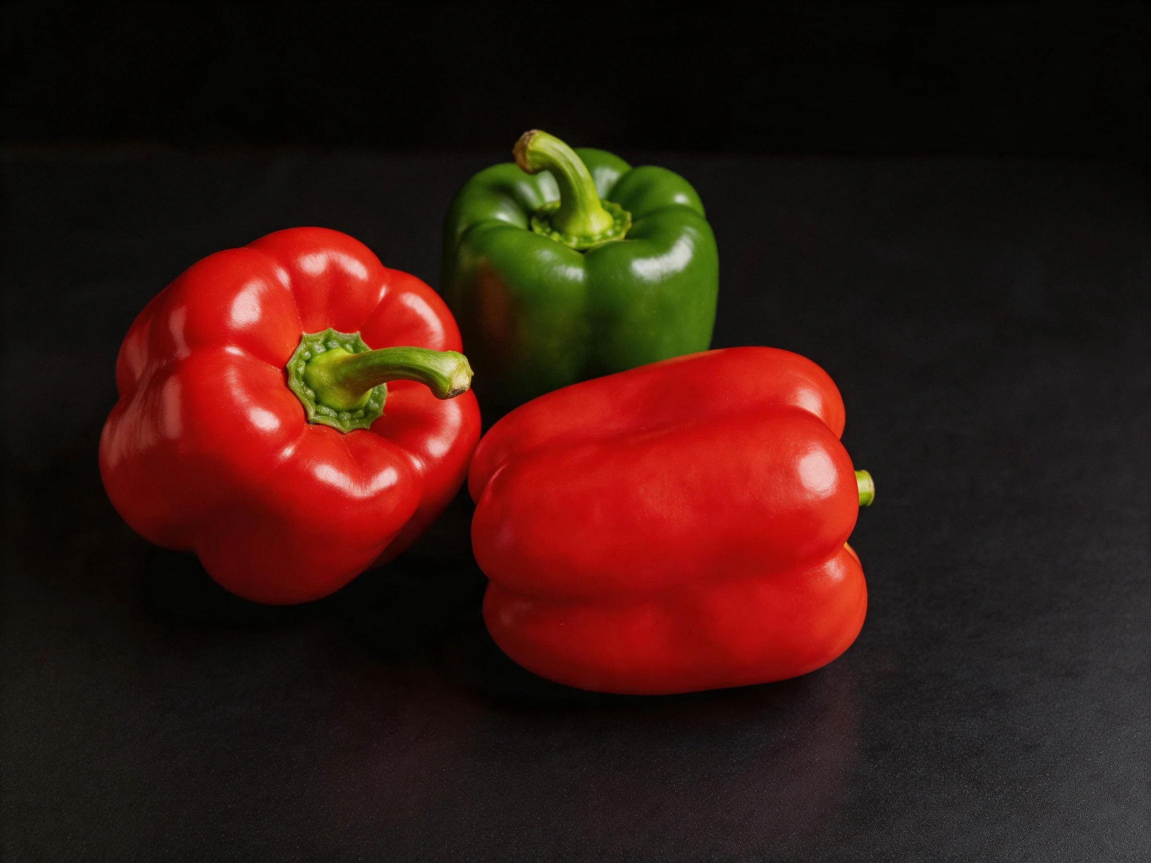 Three bell peppers, two red and one green, arranged on a black surface
