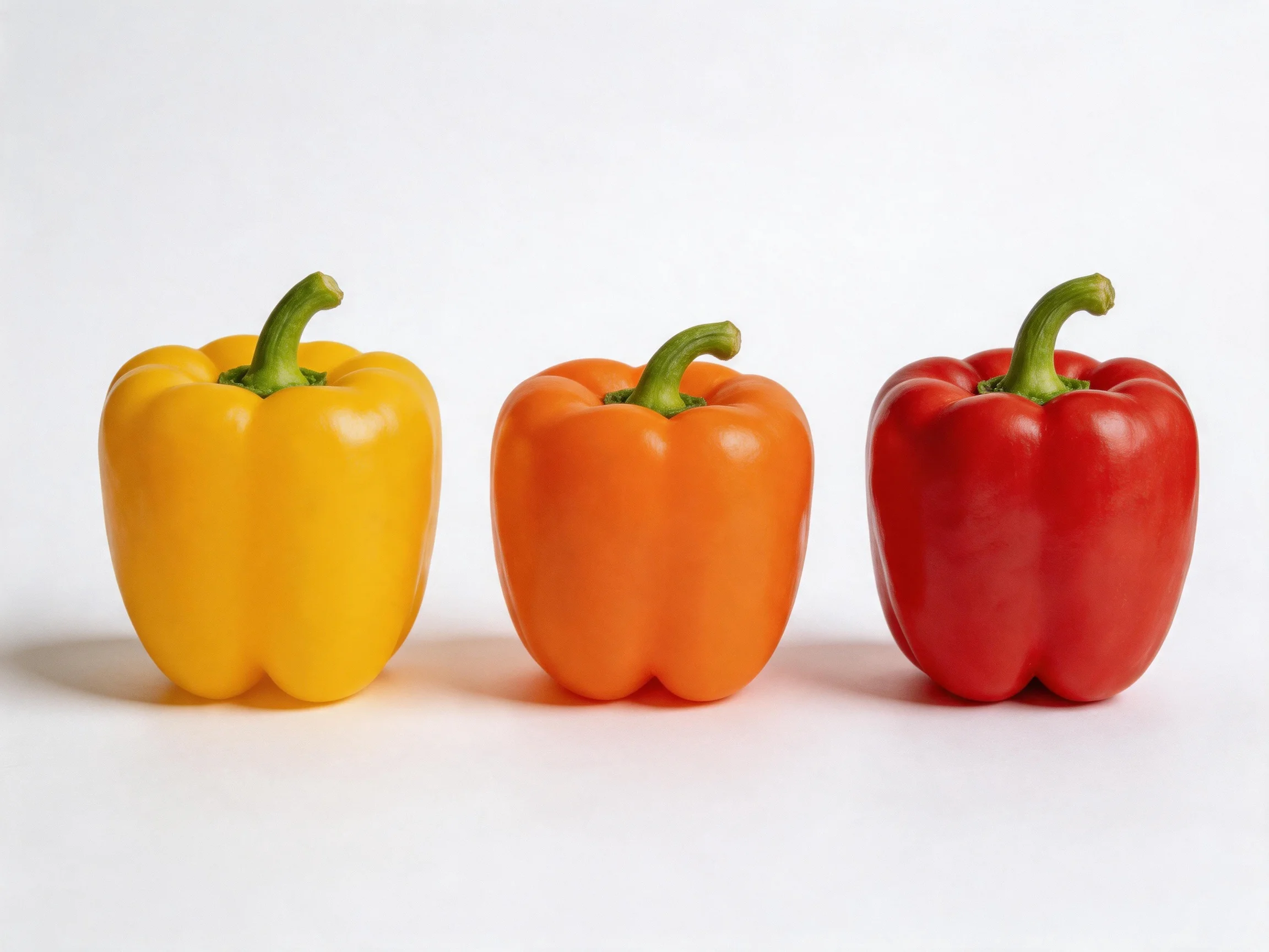 Three bell peppersin yellow, orange, and red arranged horizontally