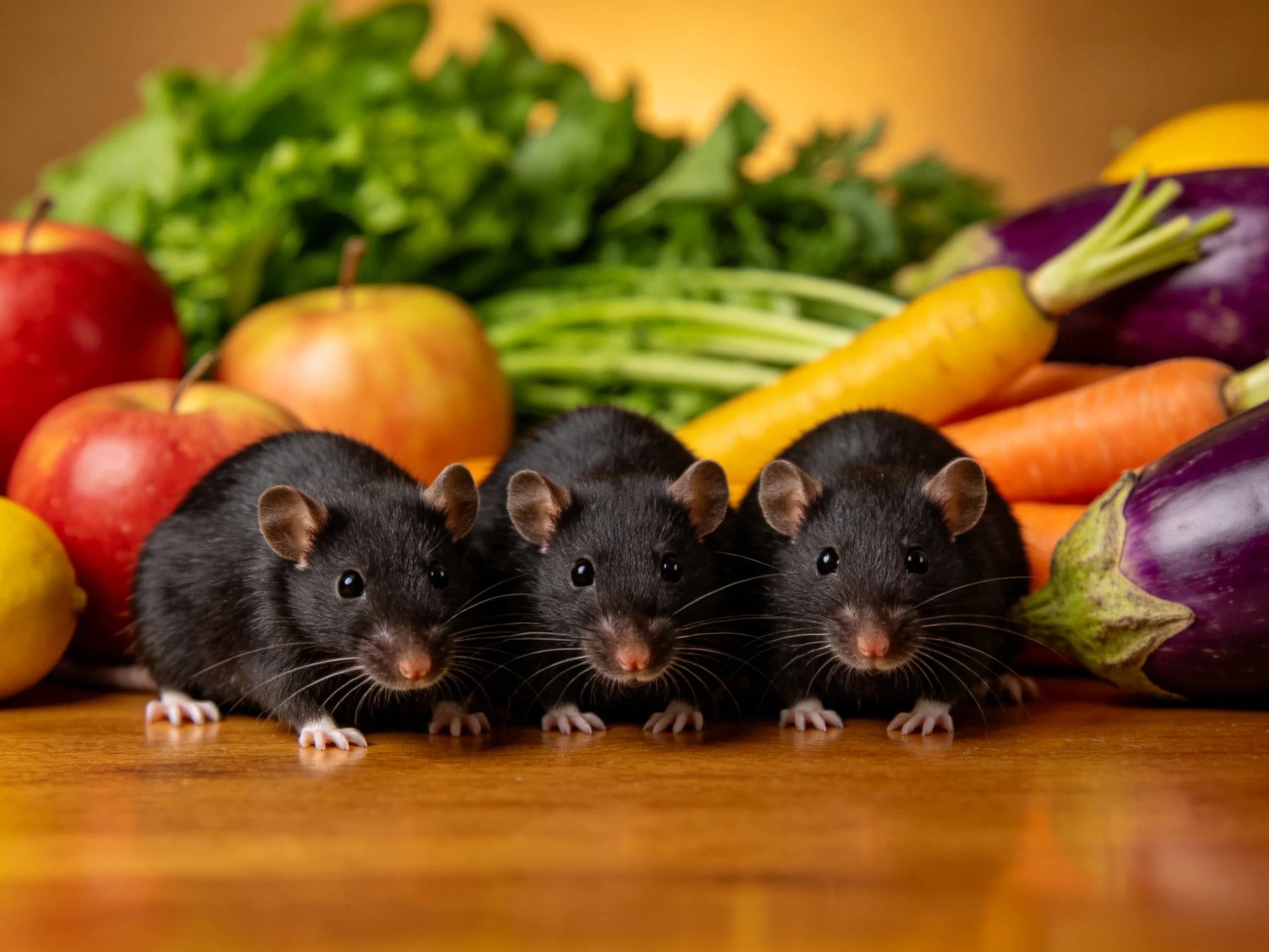 Three black mice near colorful fruits and assorted vegetables