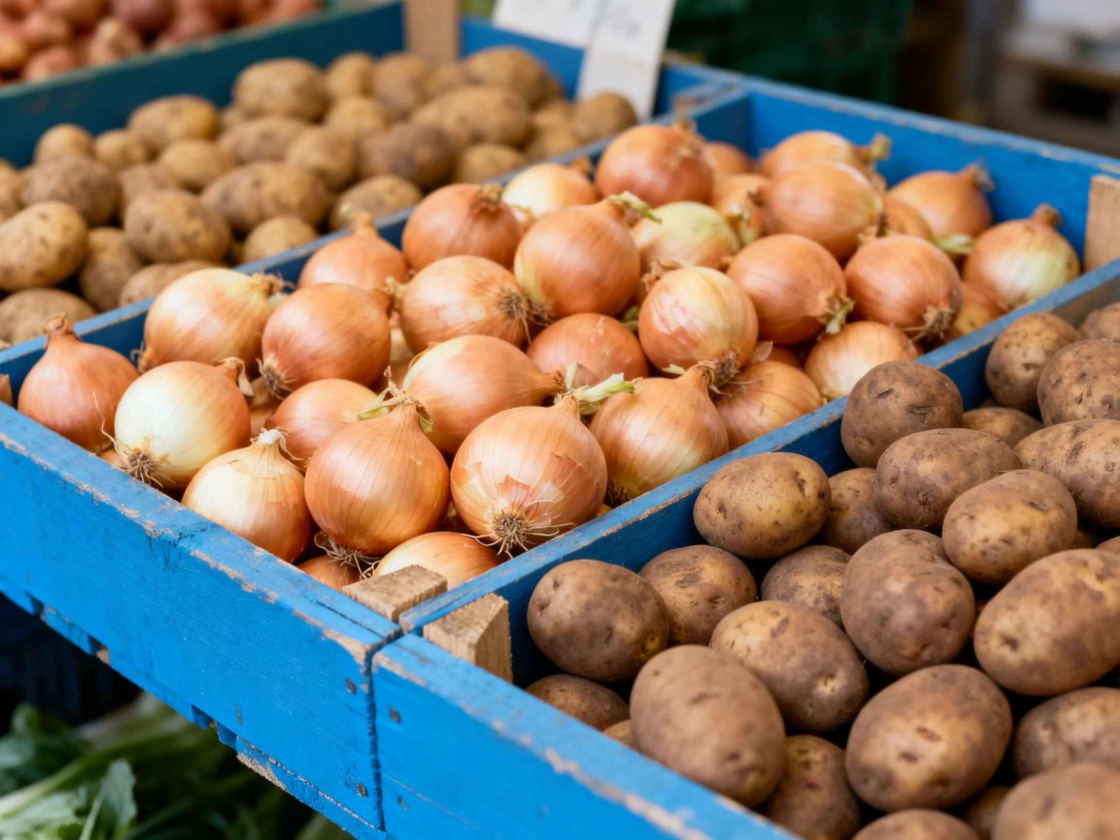 Three blue crates hold golden onions and earth-toned potatoes