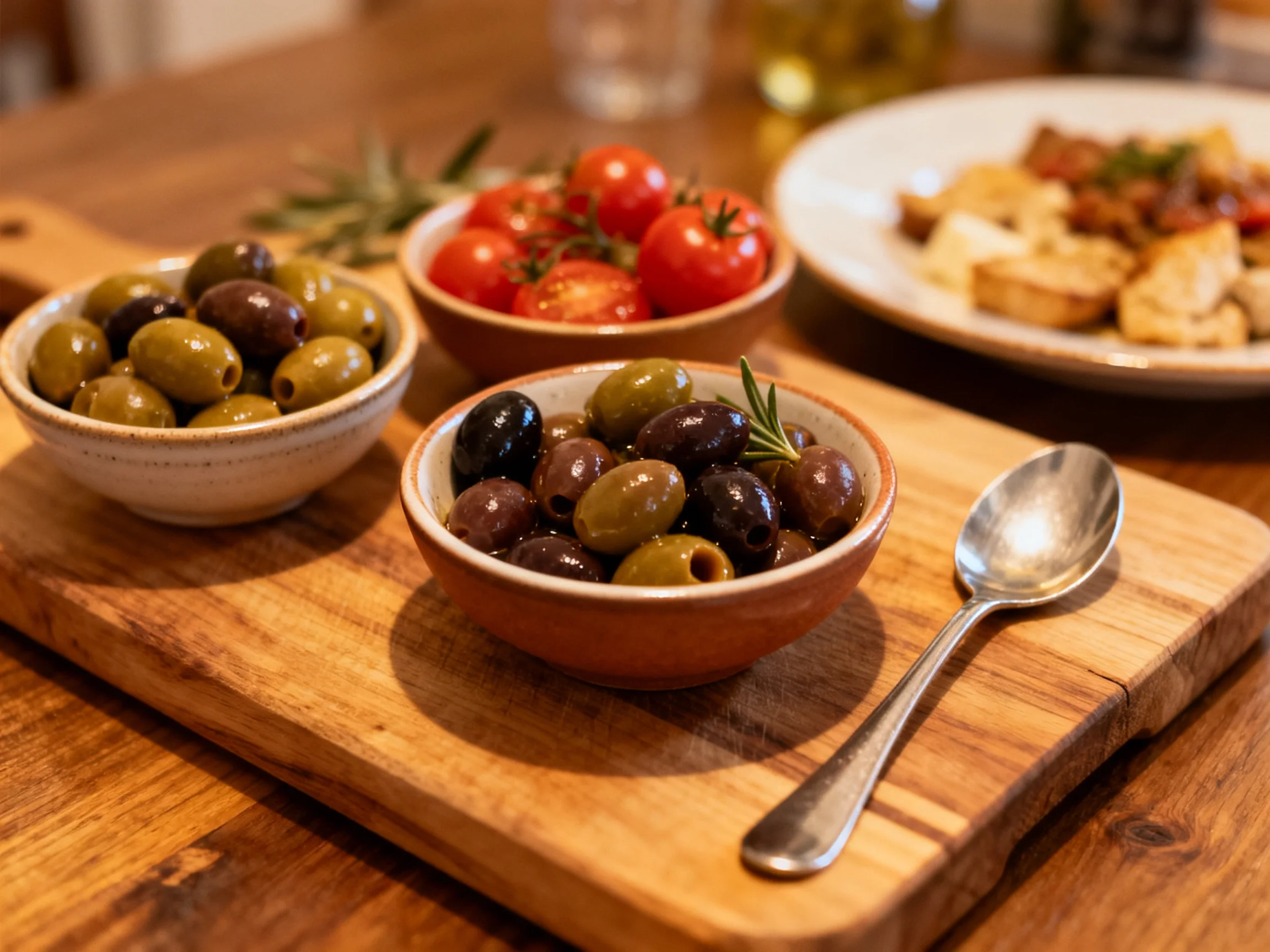 Three bowls of assorted olives and cherry tomatoes on a wooden serving board