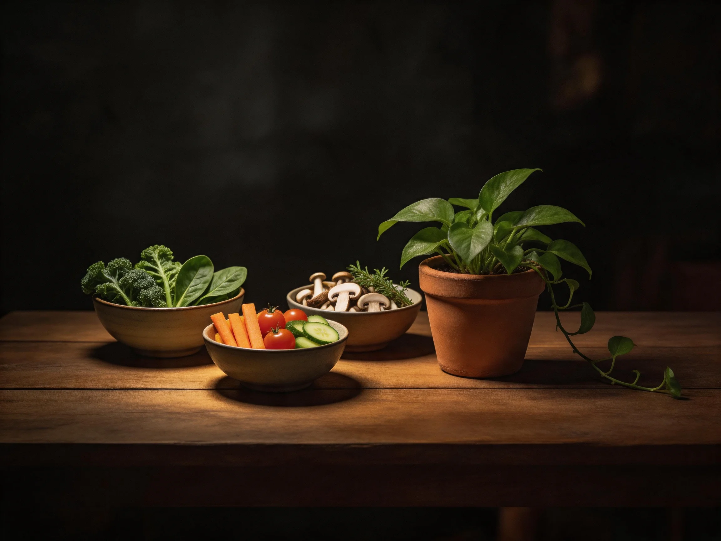 Three bowls of fresh vegetables and a potted plant rest on a wooden table