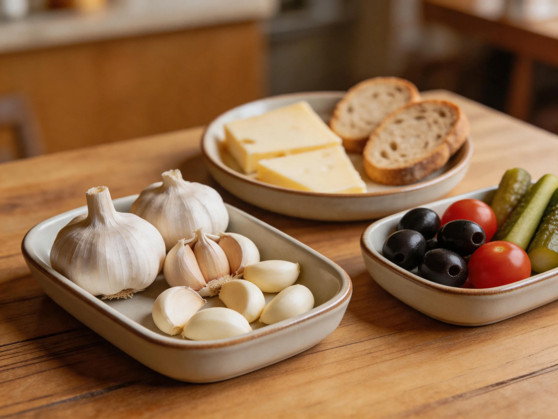 Three bowls on a wooden table hold garlic, cheese, bread, and olives-tomatoes-pickles