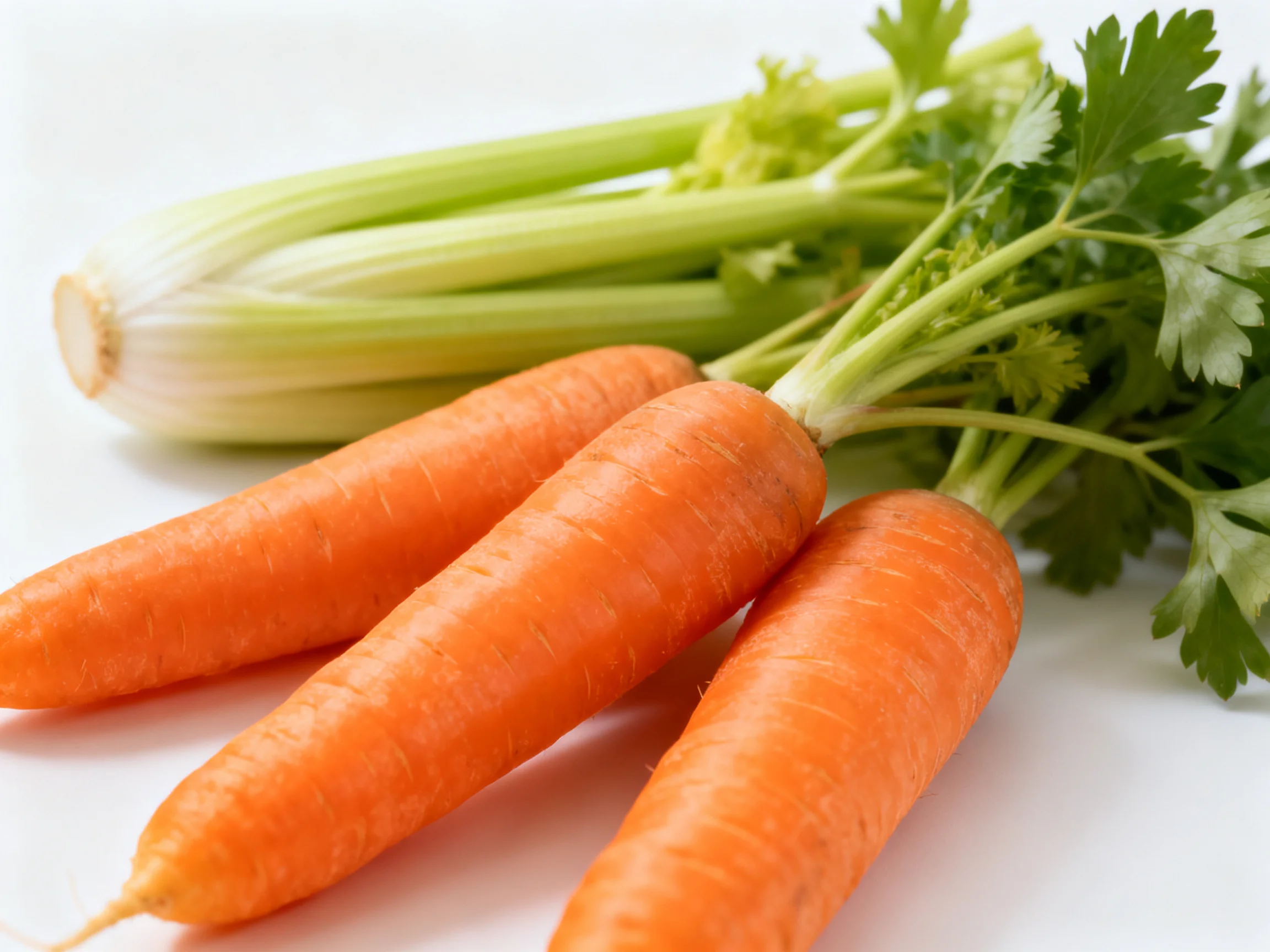 Three bright orange carrots with fresh green celery stalks