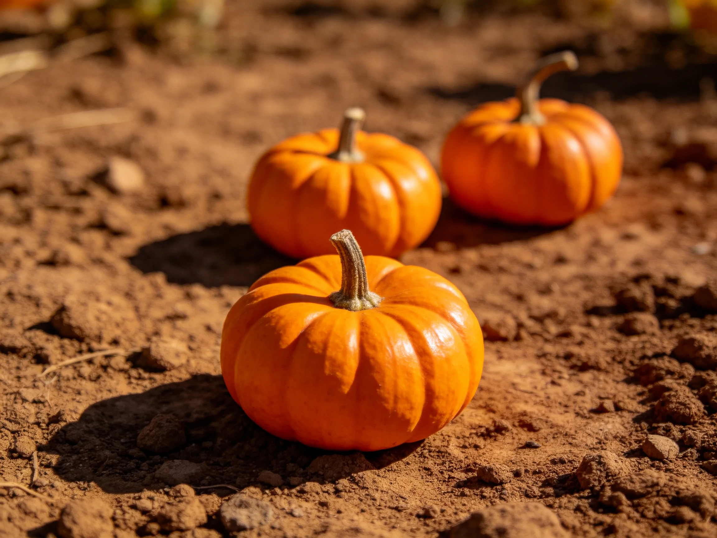 Three bright orange miniature pumpkins rest on dry brown soil