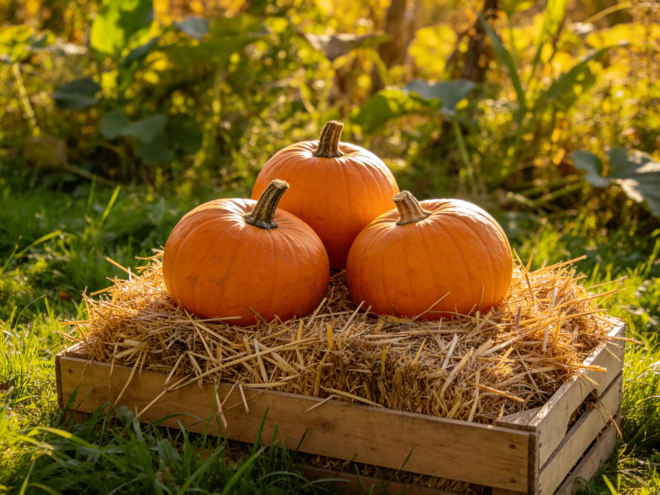 Three bright orange pumpkins rest on straw in a wooden crate outdoors