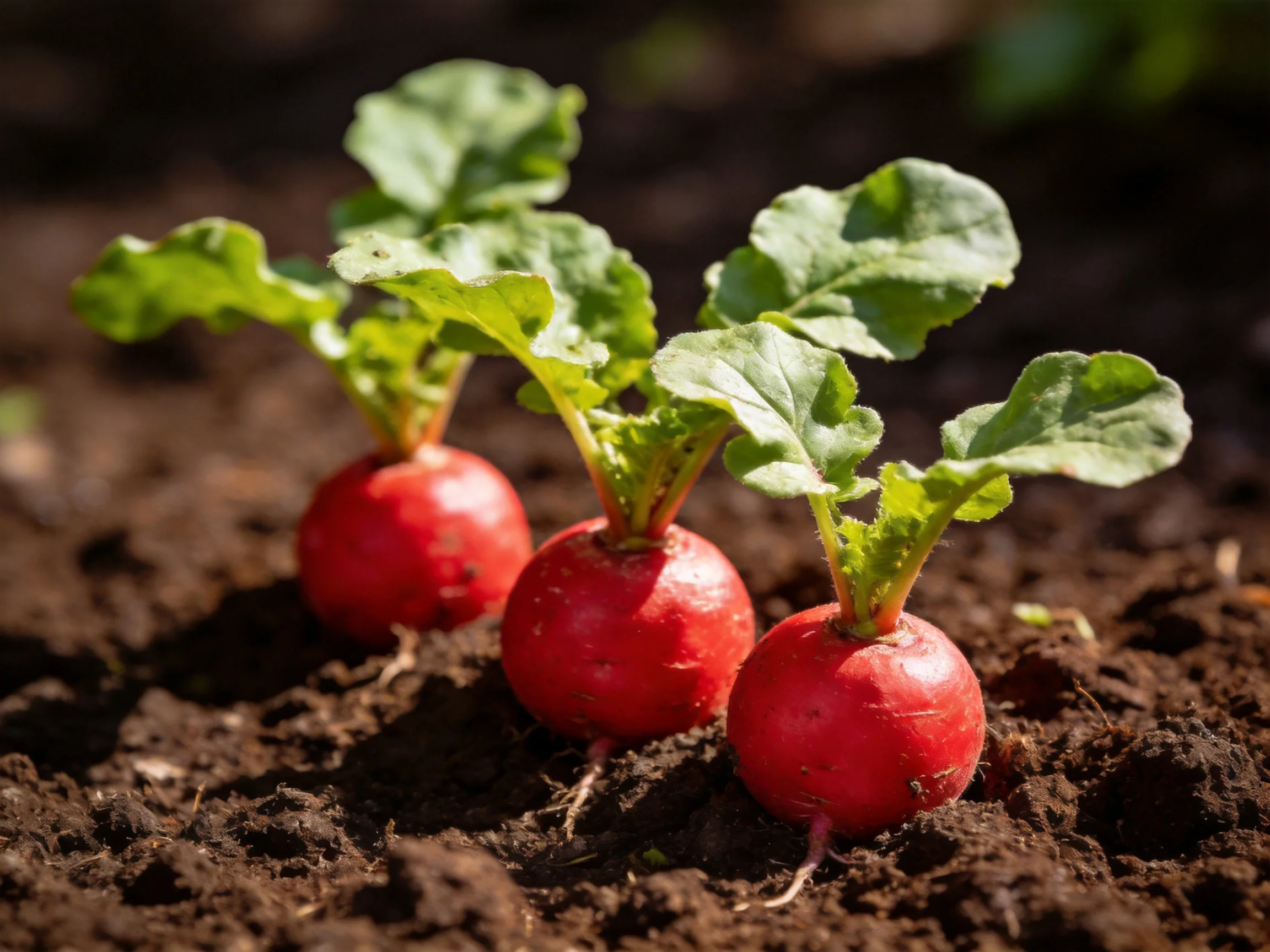 Three bright red radishes with leafy tops growing in dark soil