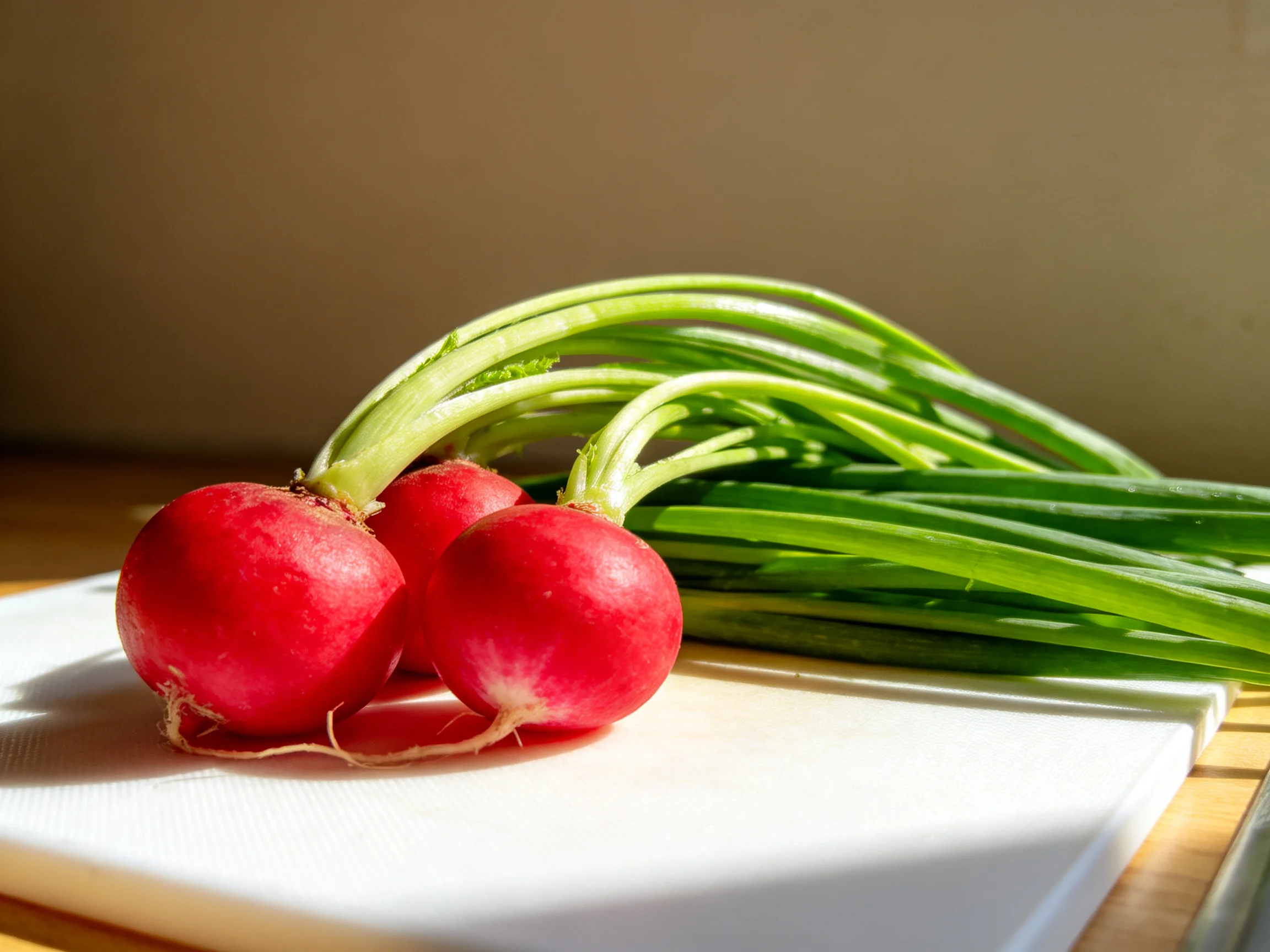 Three bright red radishes with long green stems beside green onions on a white cutting board