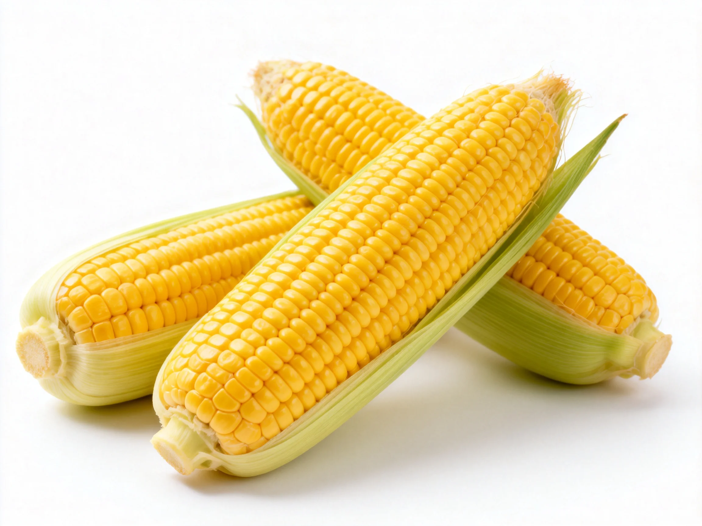Three bright yellow corn cobs arranged diagonally on white