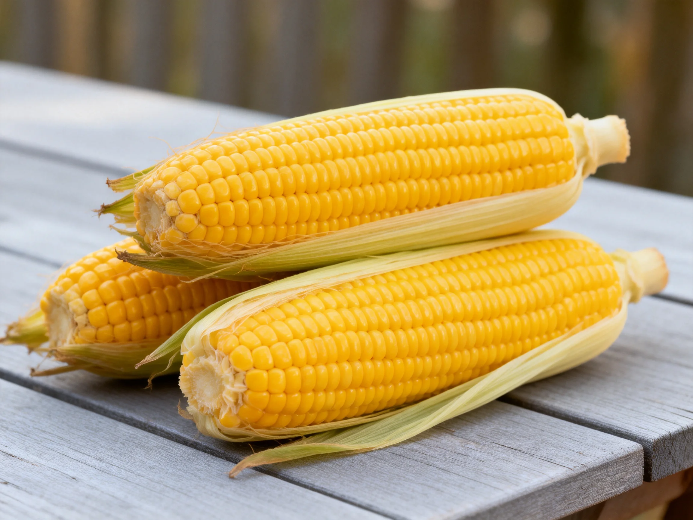 Three bright yellow corn cobs rest on a weathered wooden table