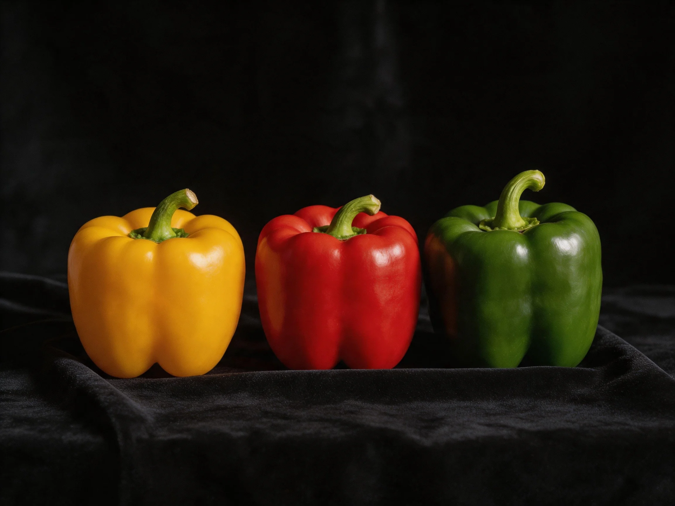 Three brightly colored bell peppers displayed on a black fabric