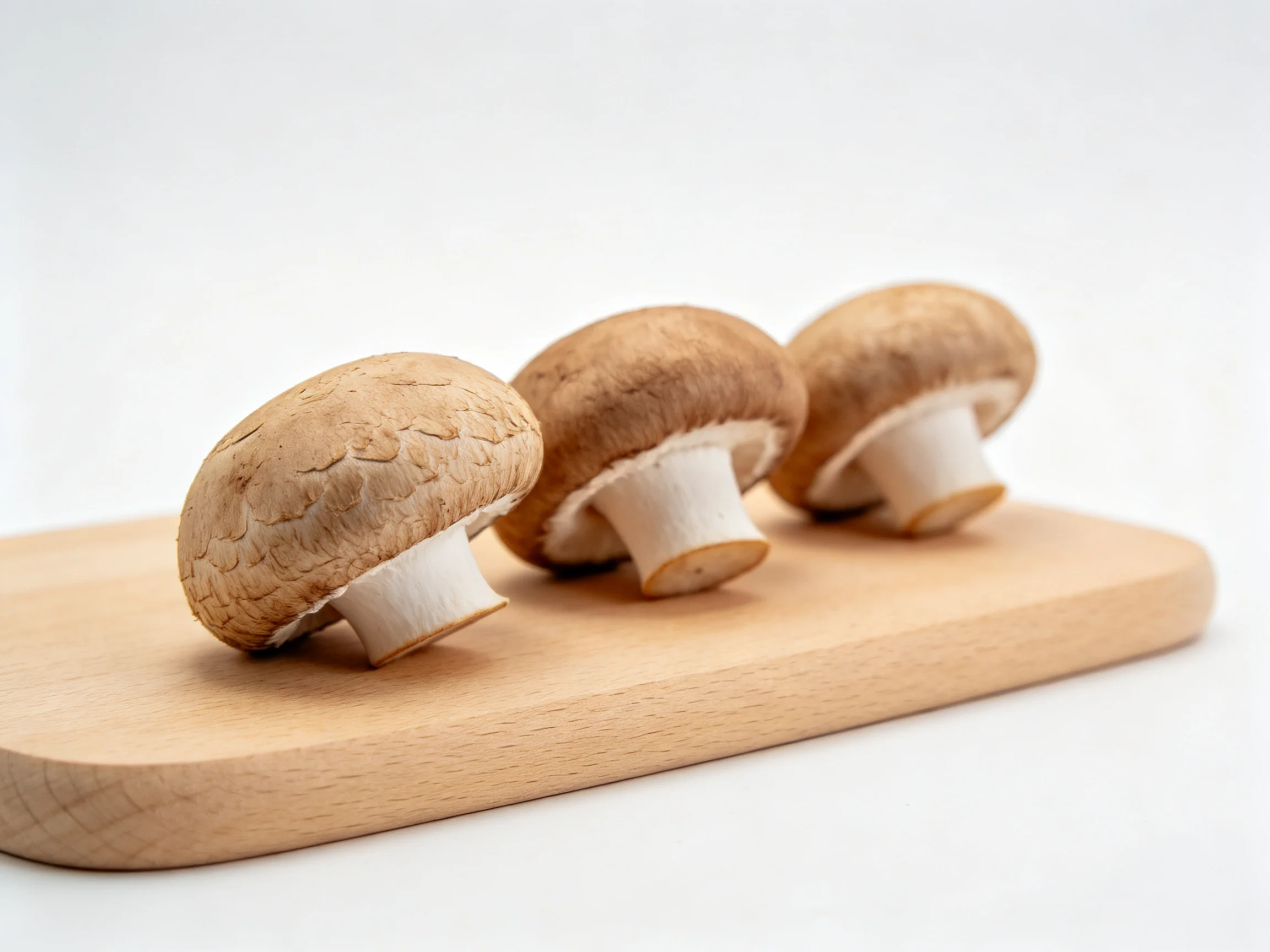 Three brown-capped mushrooms arranged on a light wooden cutting board