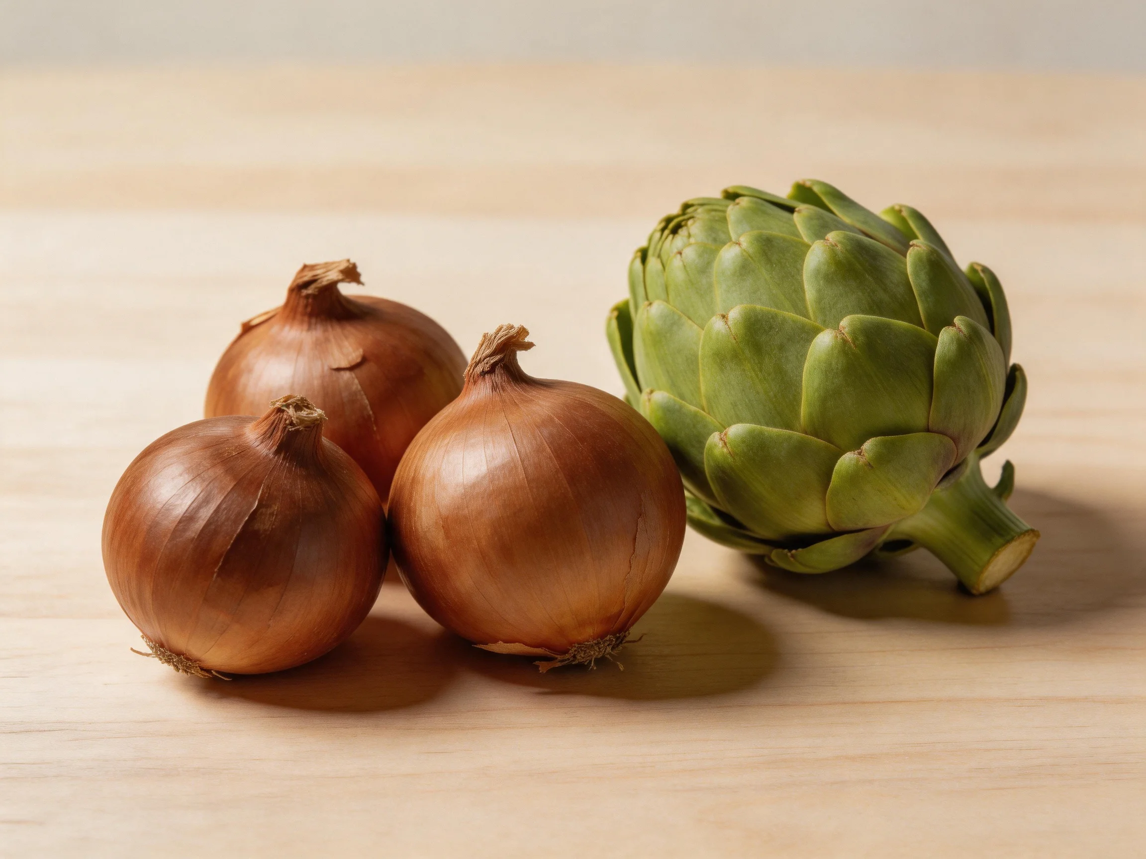 Three brown onions and a single green artichoke on a light wooden surface