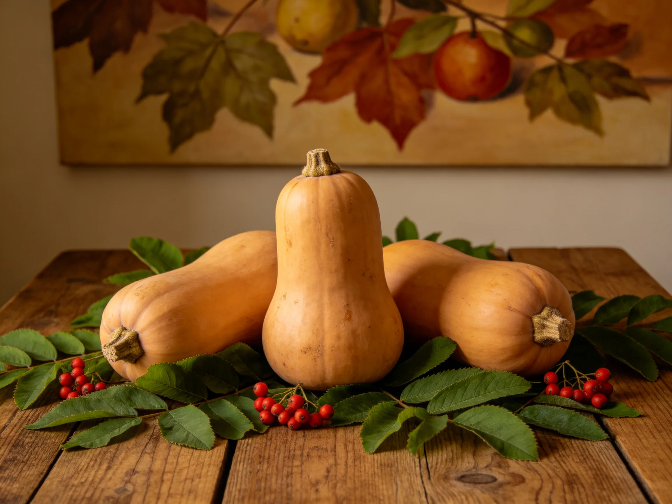 Three butternut squashes rest among green leaves and red berries on a wooden surface.