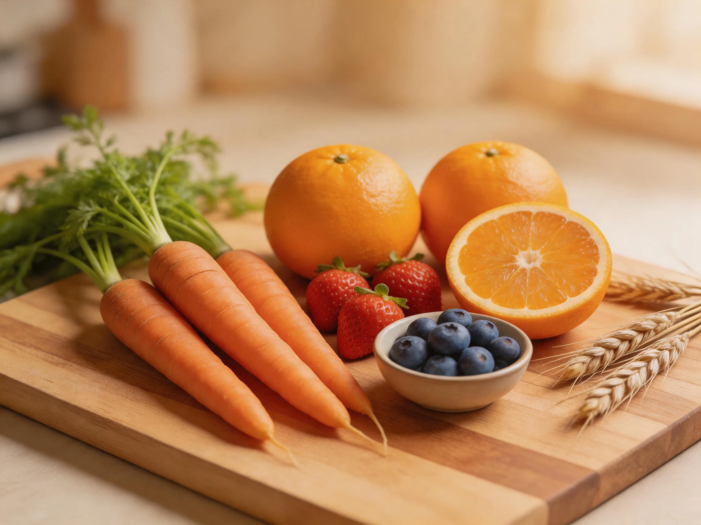 Three carrots, two oranges, strawberries, blueberries, and wheat on a wooden cutting board
