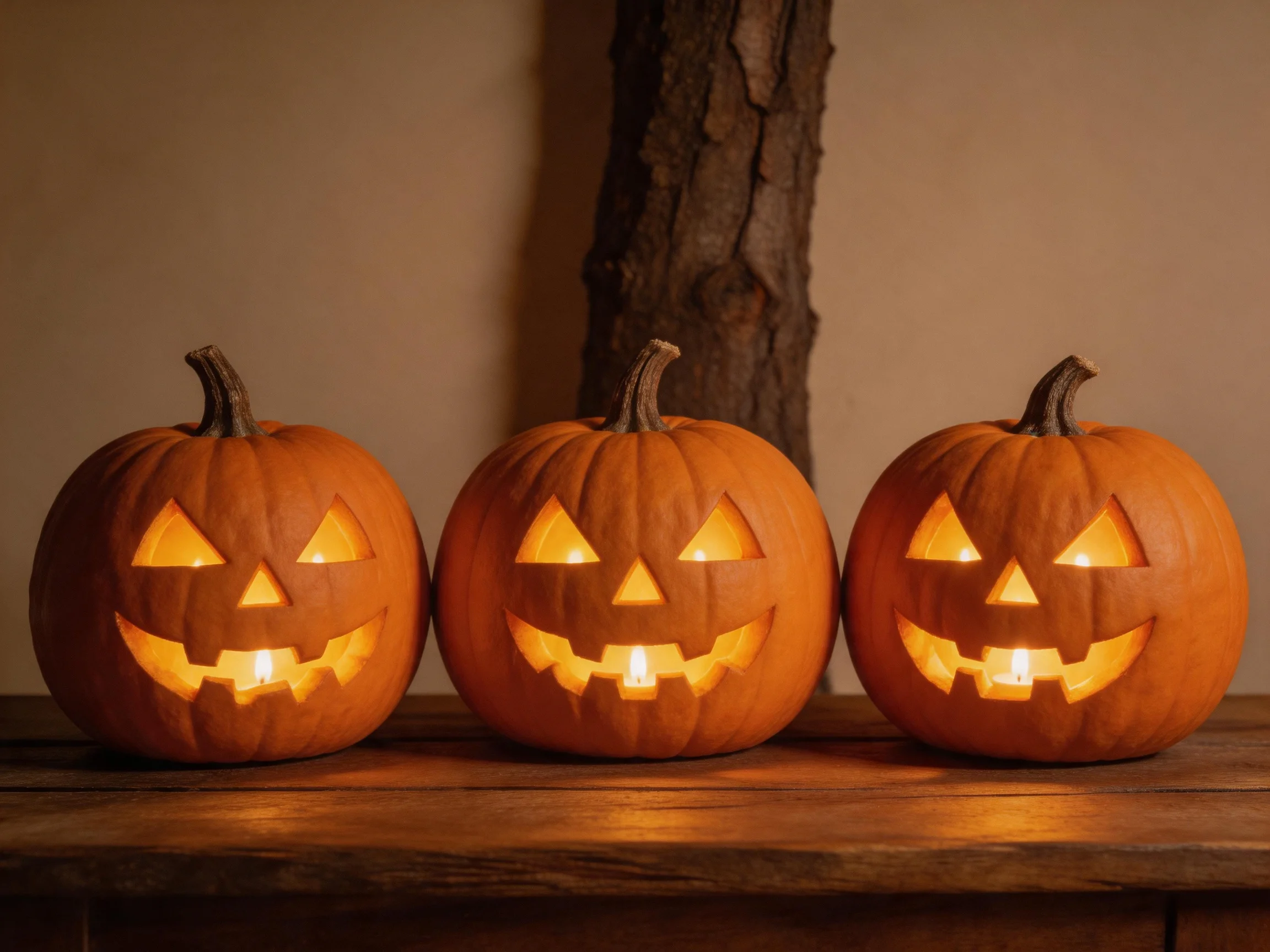Three carved orange jack-o-lanterns with glowing faces on a wooden surface