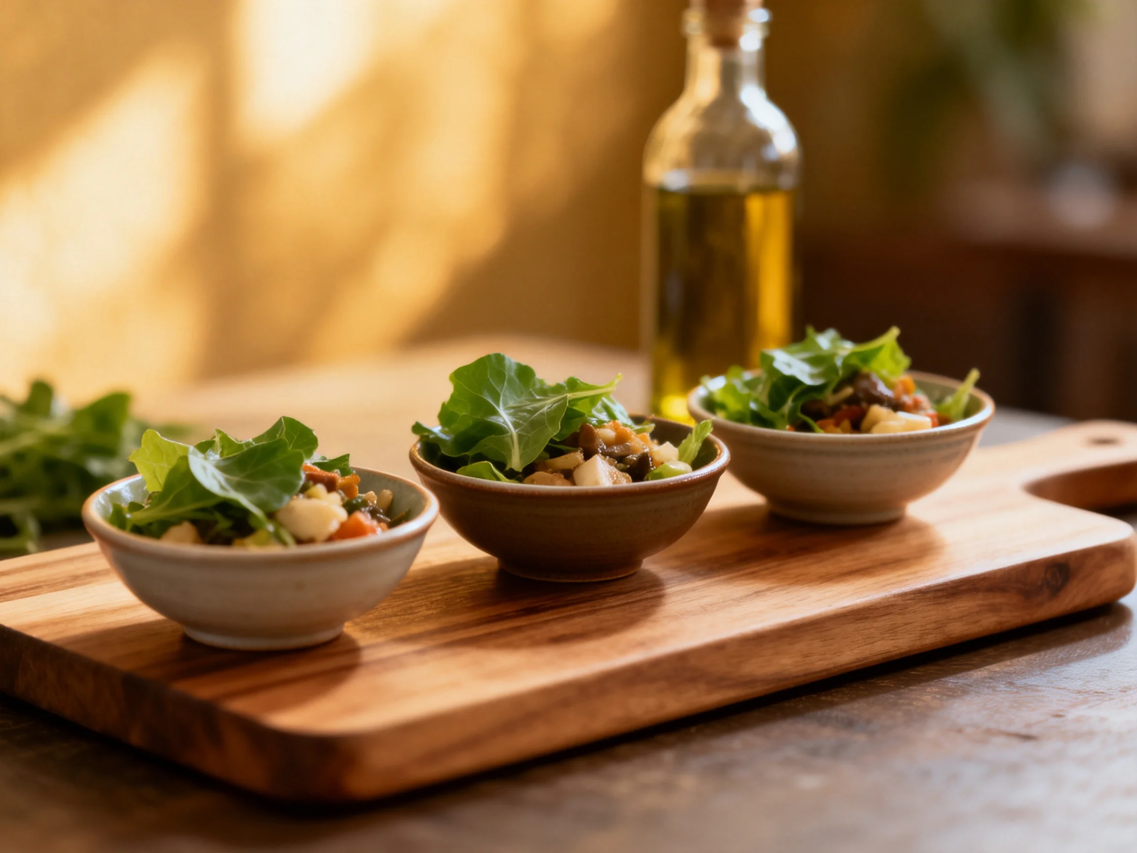 Three ceramic bowls of fresh green salad on wooden serving board