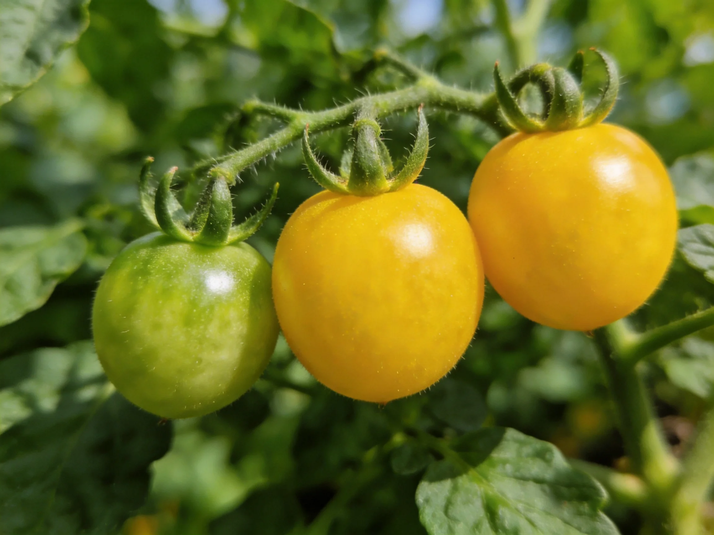 Three cherry tomatoes on vine, one green, two golden-yellow