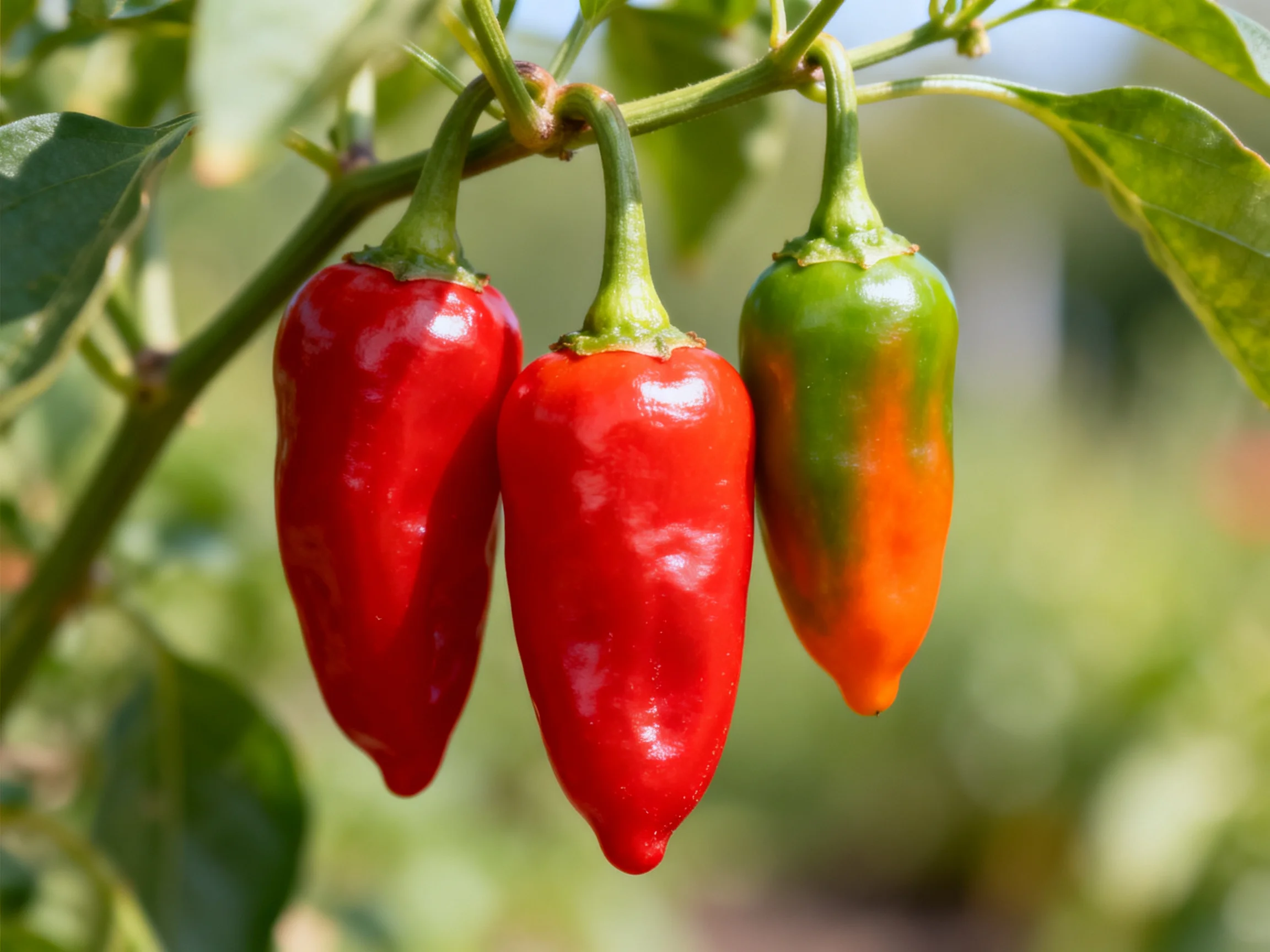 Three chili peppers hang froma leafy plant, two vibrant red, one green-orange.