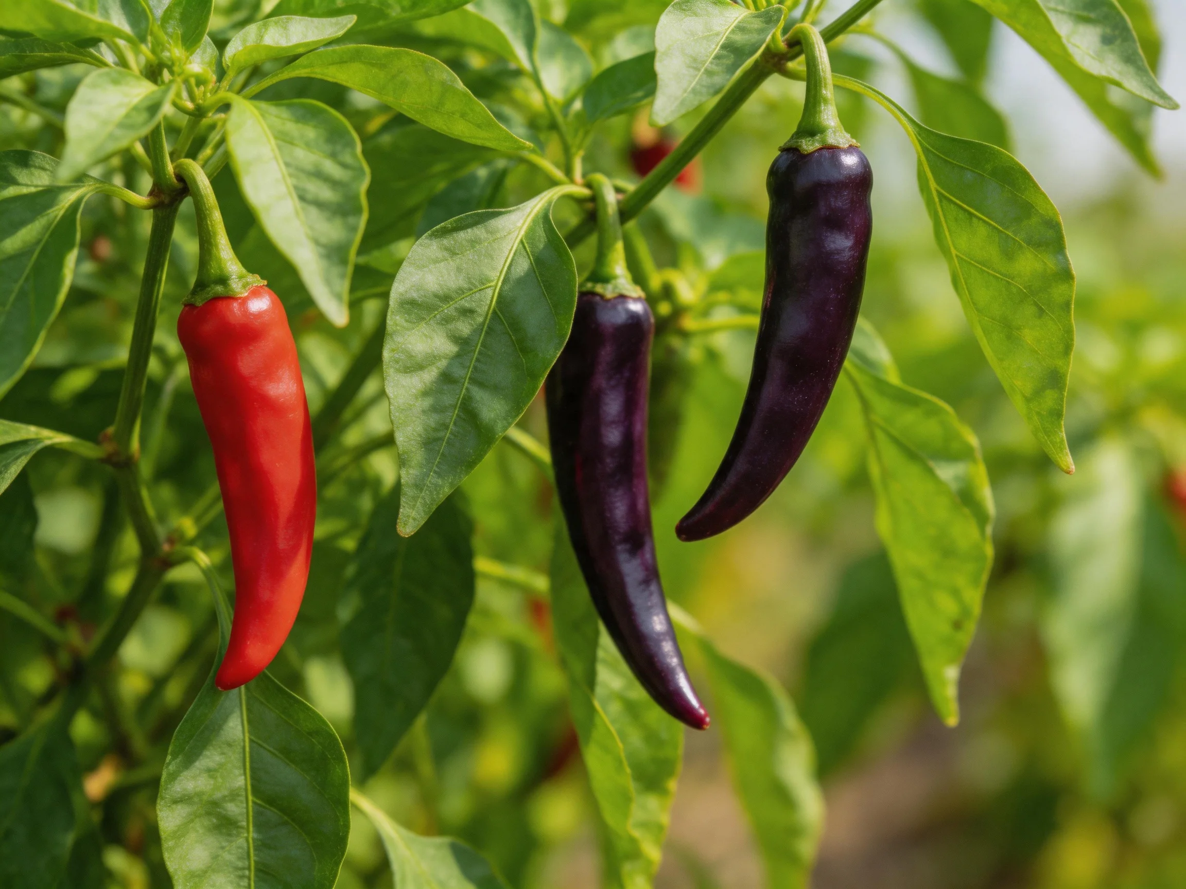 Three chili peppers in red and purple hues hang from lush green foliage.