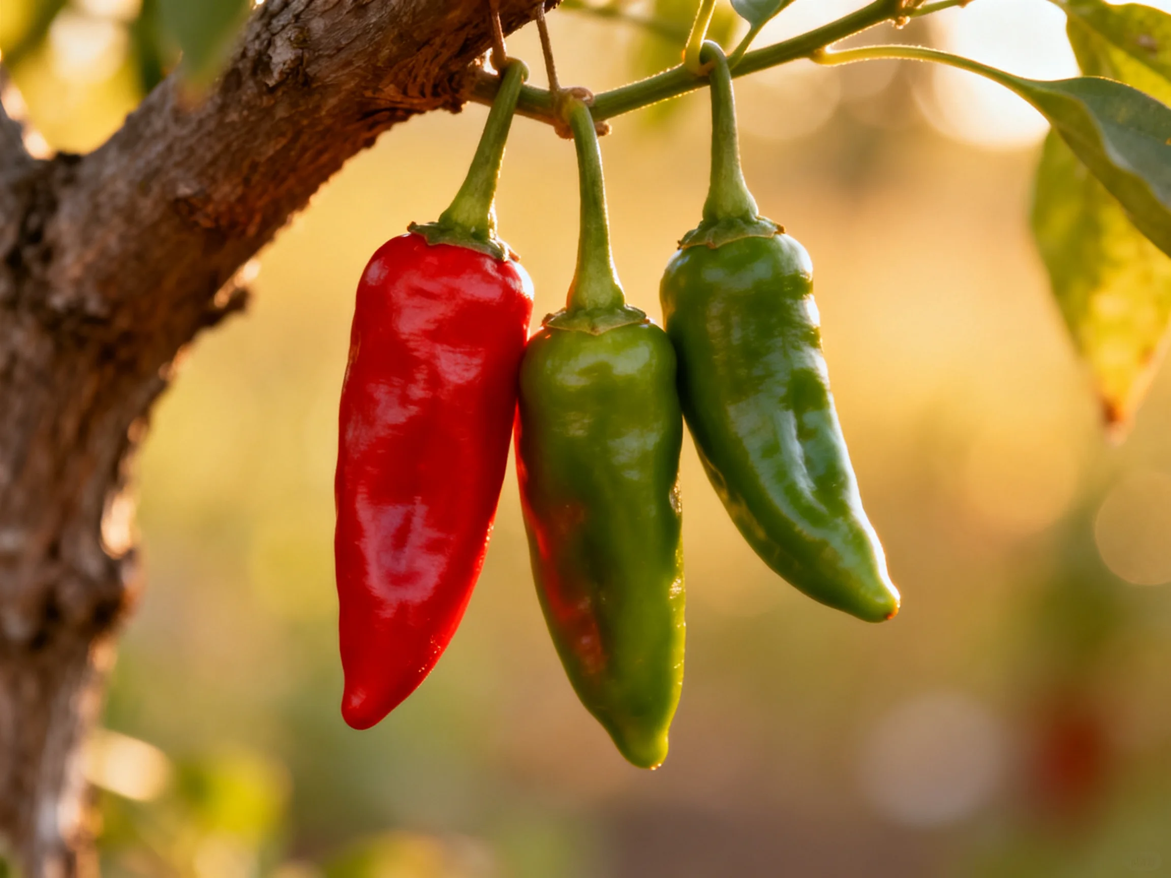 Three chili peppers, red and green, hang from a tree branch.