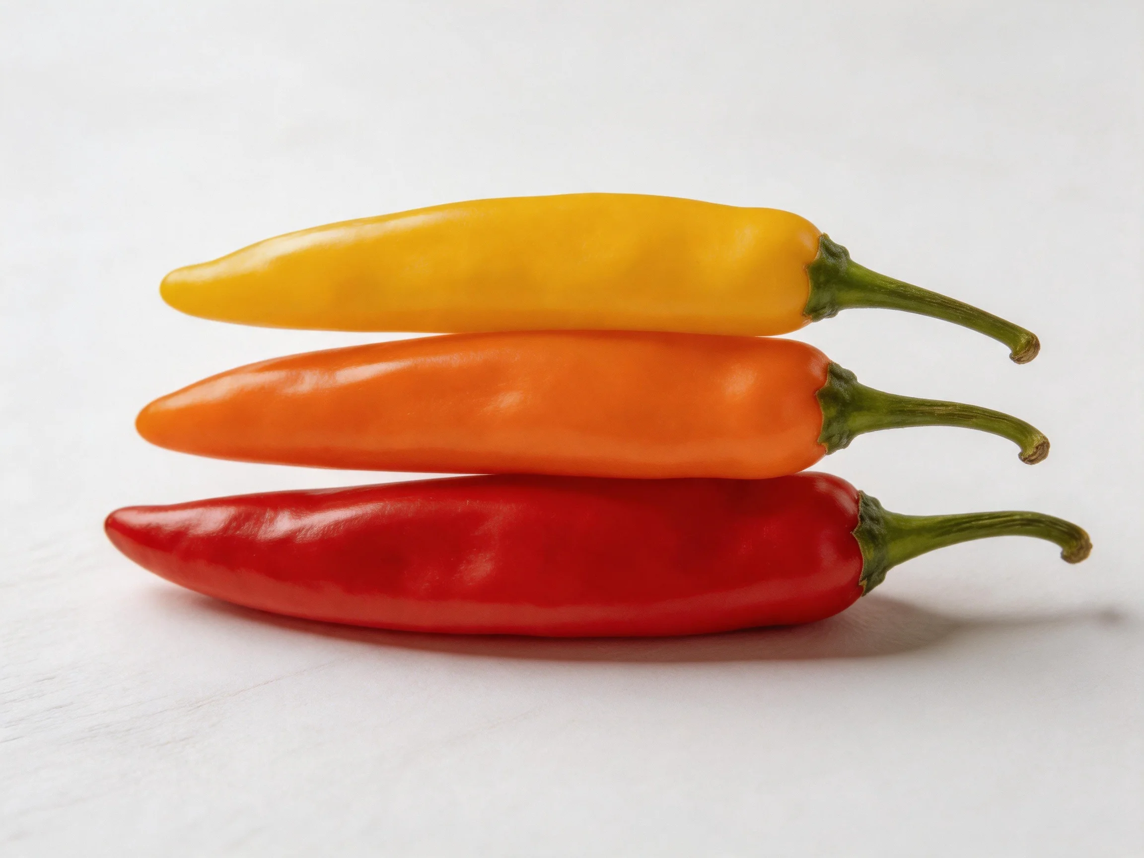 Three chili peppers stacked vertically in yellow, orange, red order