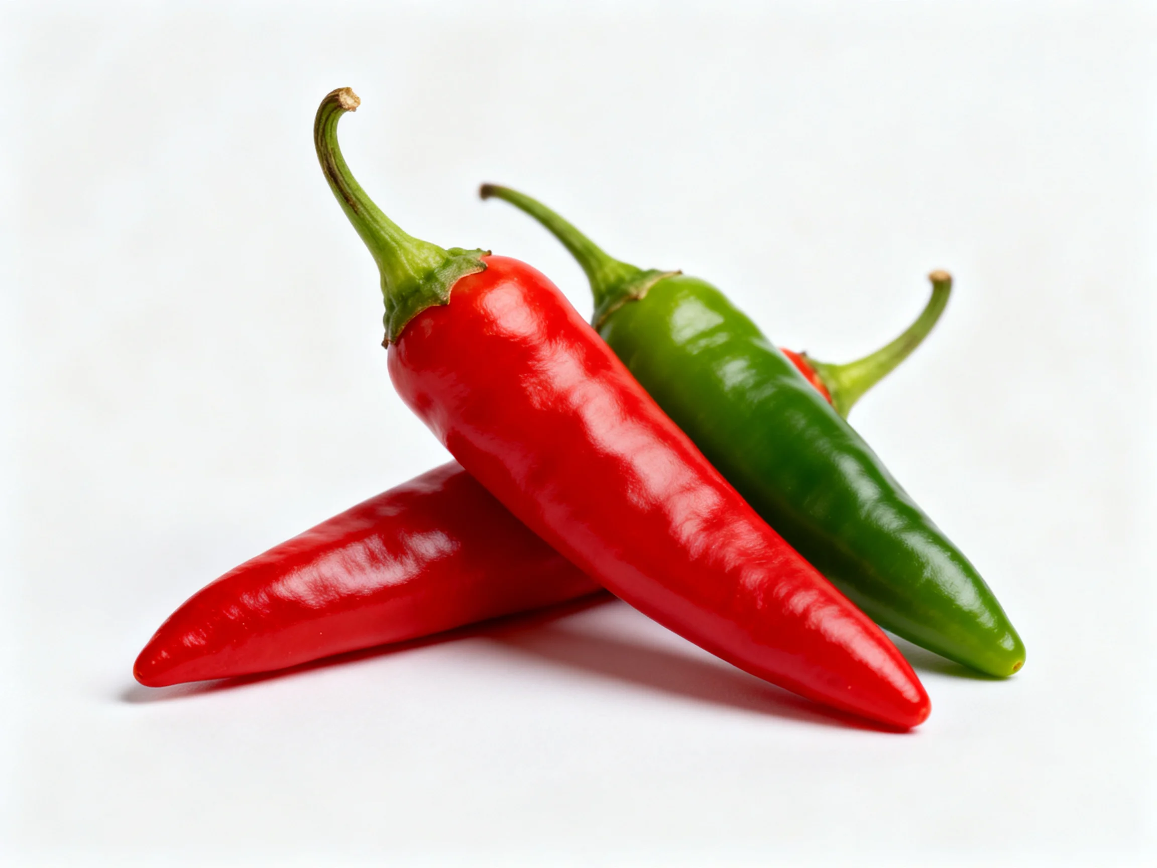 Three chili peppers, two red and one green, displayed on a white surface.