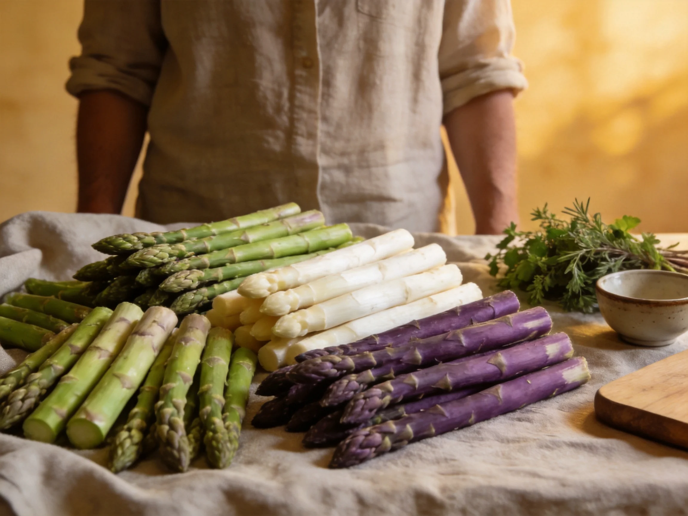 Three colored asparagus varieties arranged with fresh herbs and a small bowl
